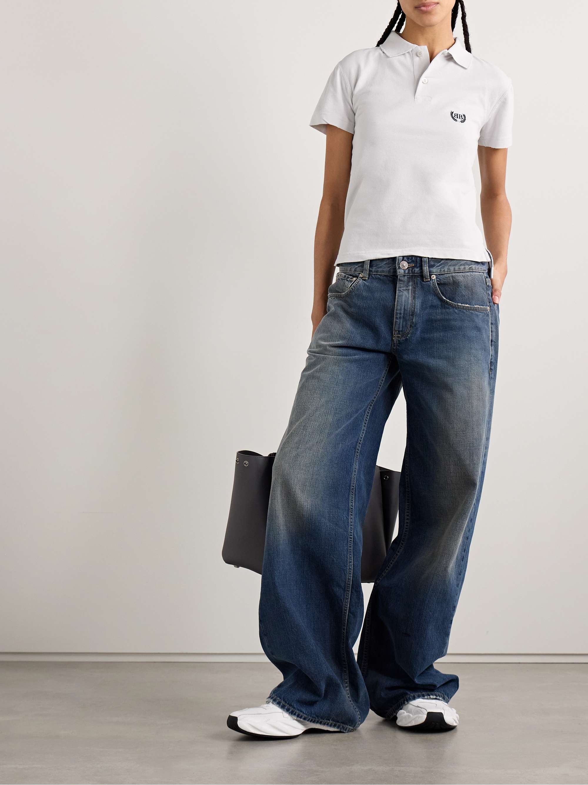 Distressed embroidered cotton-piqué polo shirt view