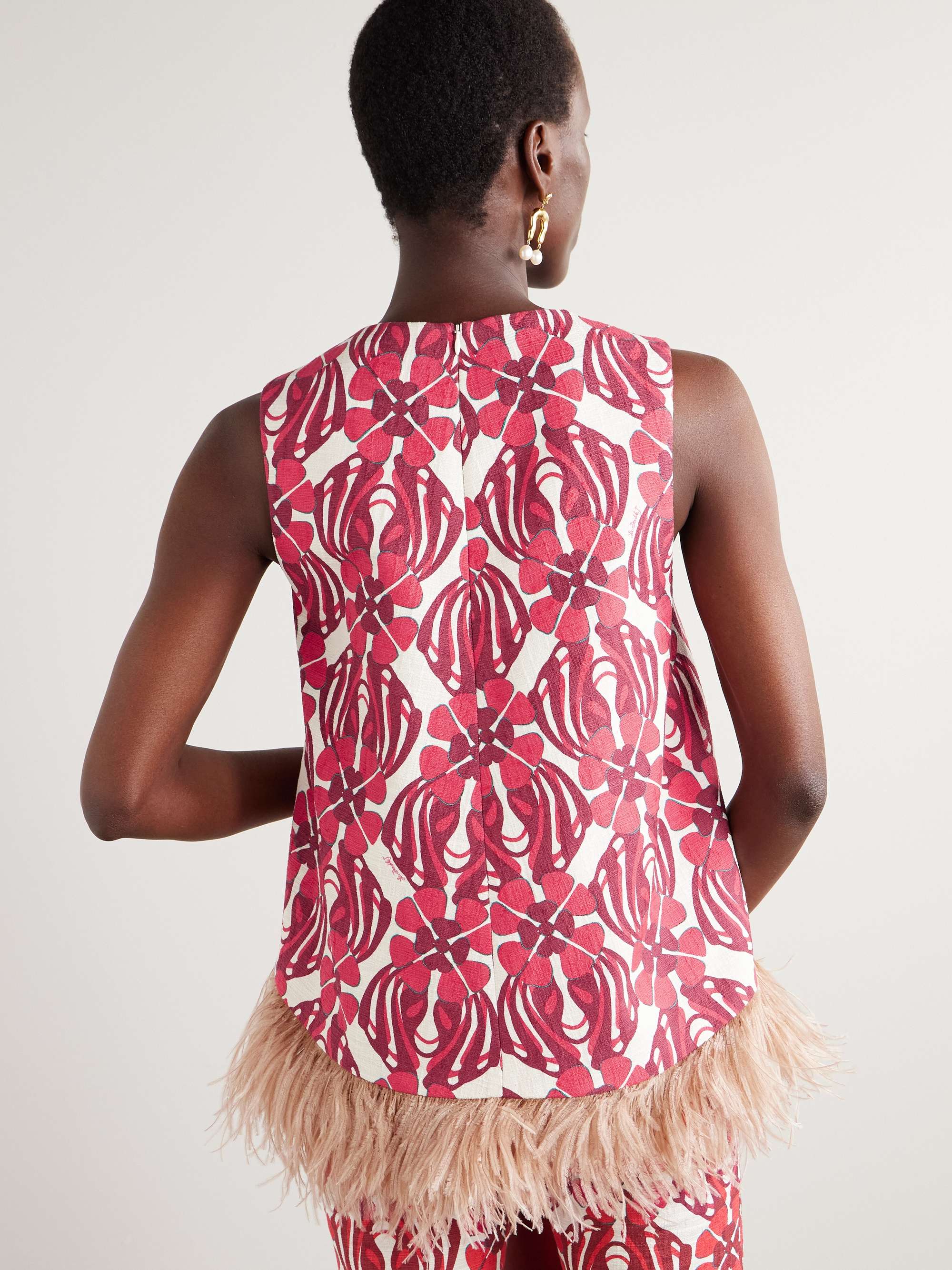 Icon La Scala feather-trimmed printed stretch-cotton tweed top view