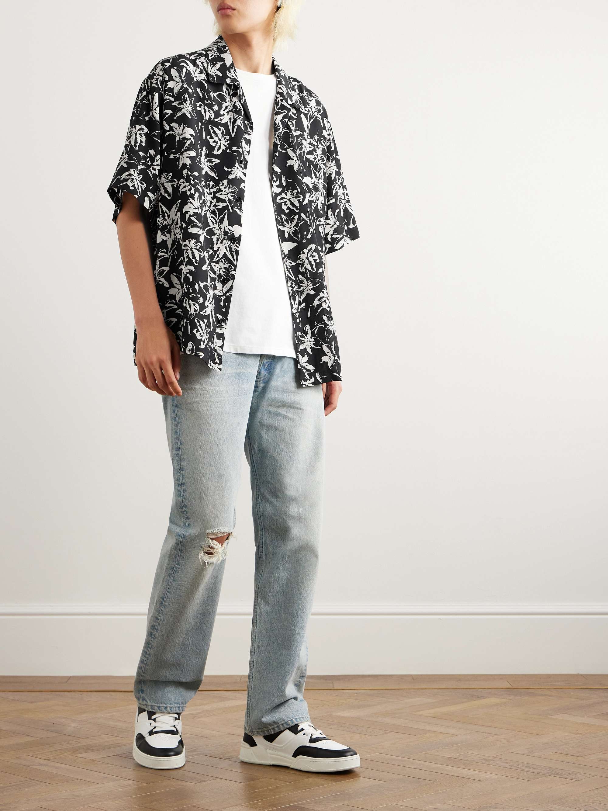 Camp-Collar Floral-Print Silk-Satin Shirt view