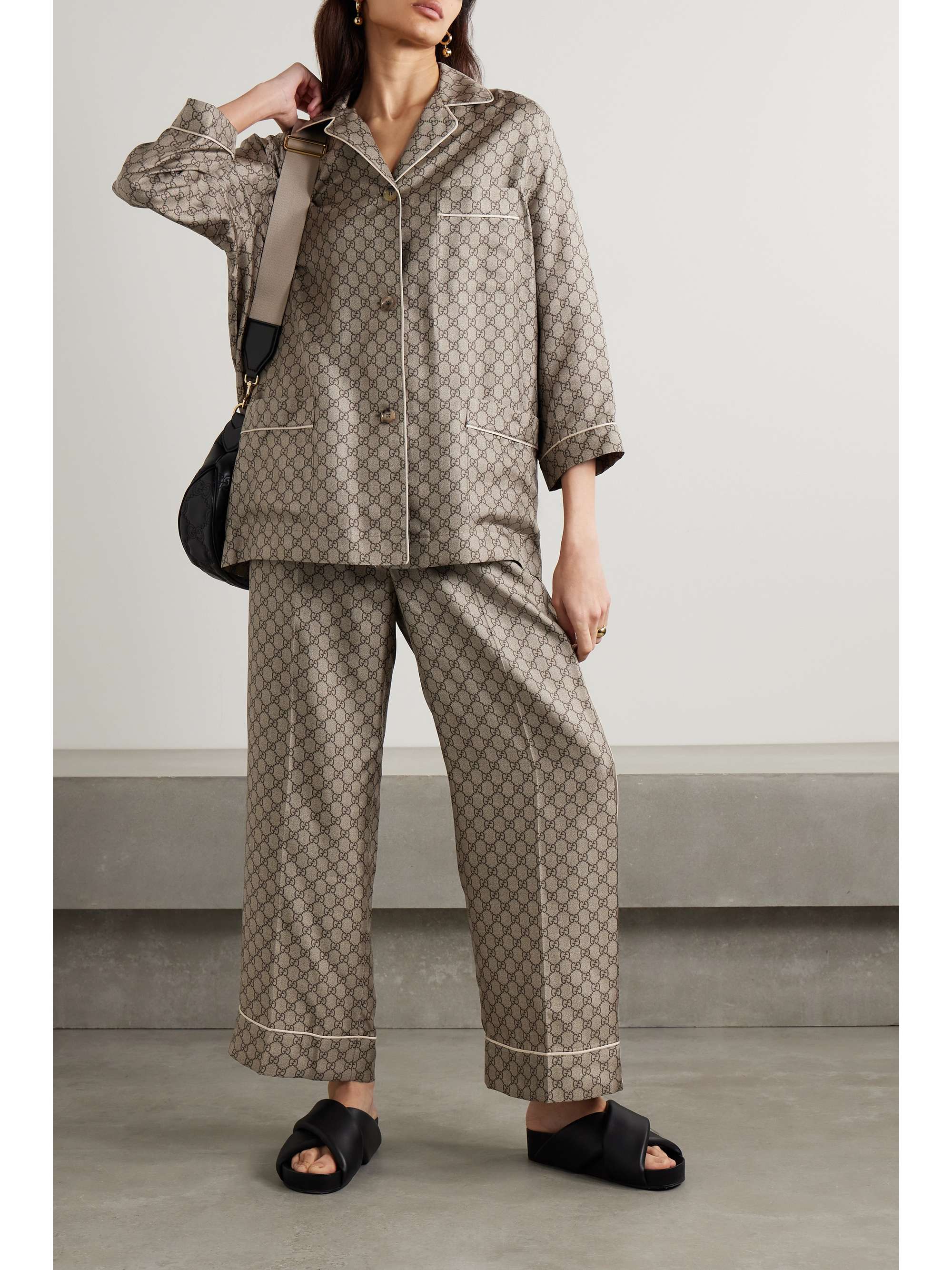 Cropped silk-satin jacquard wide-leg pants view