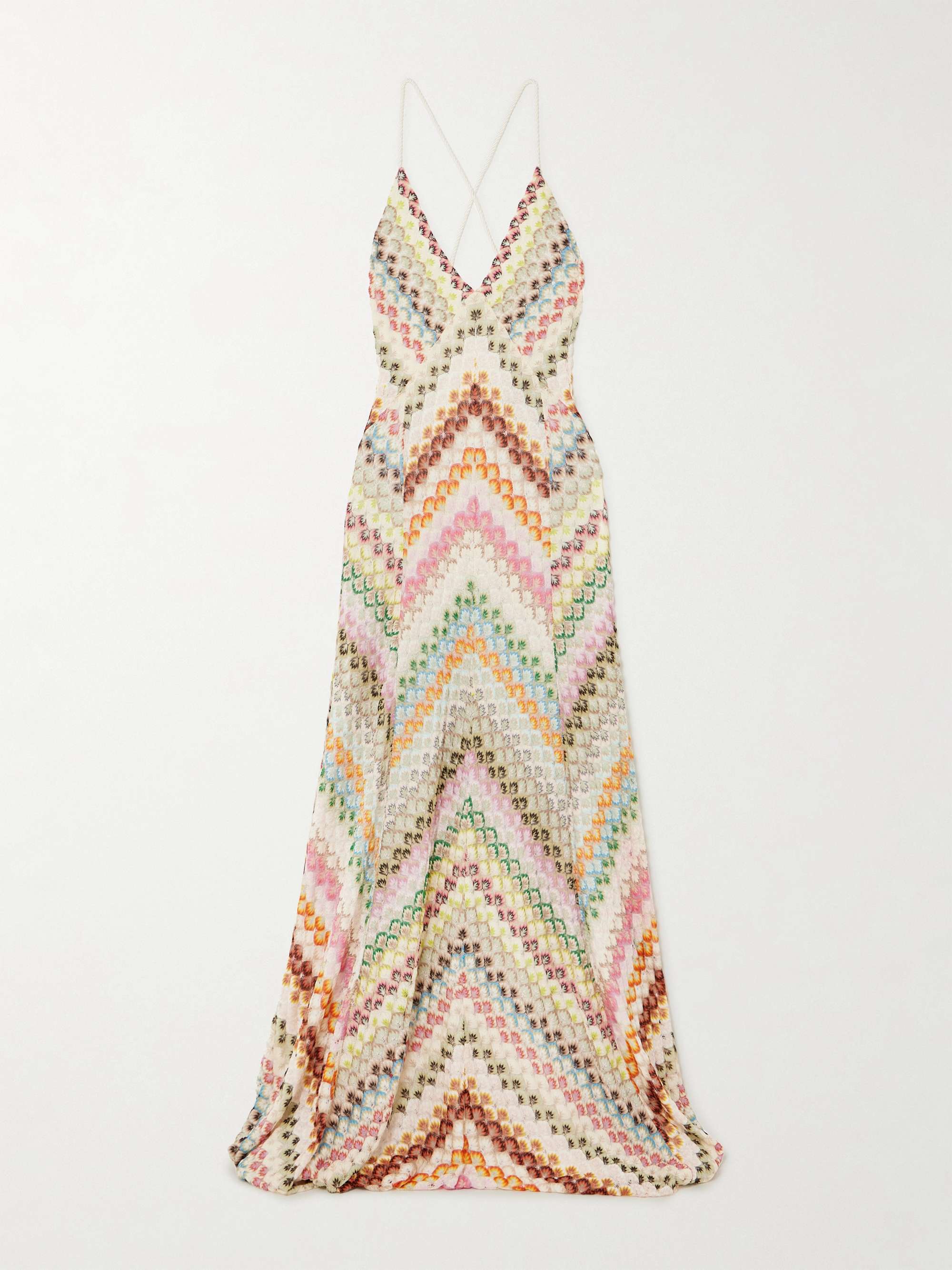 Open-back cord-trimmed crochet-knit maxi dress view