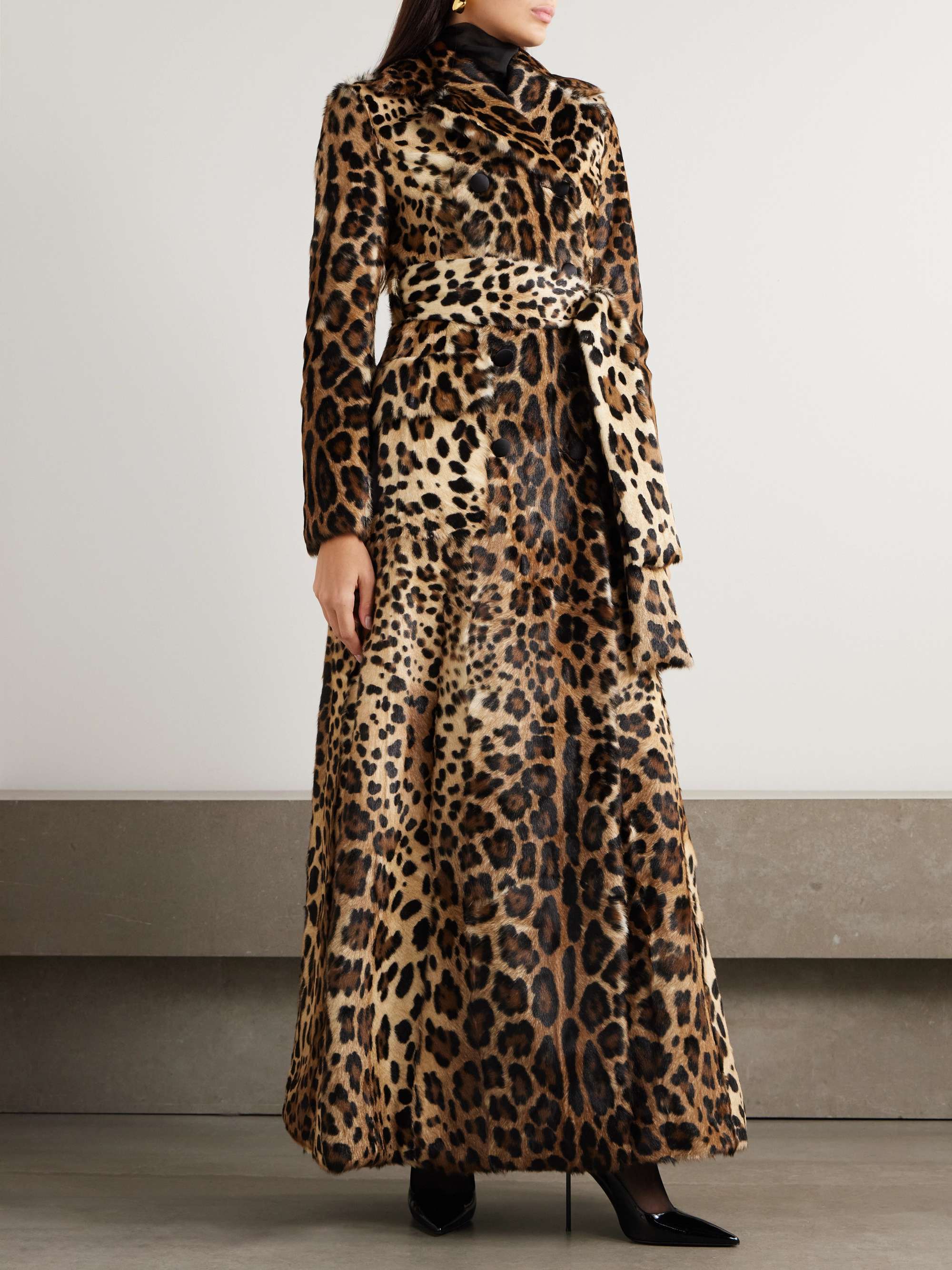 Belted double-breasted leopard-print goat hair coat view