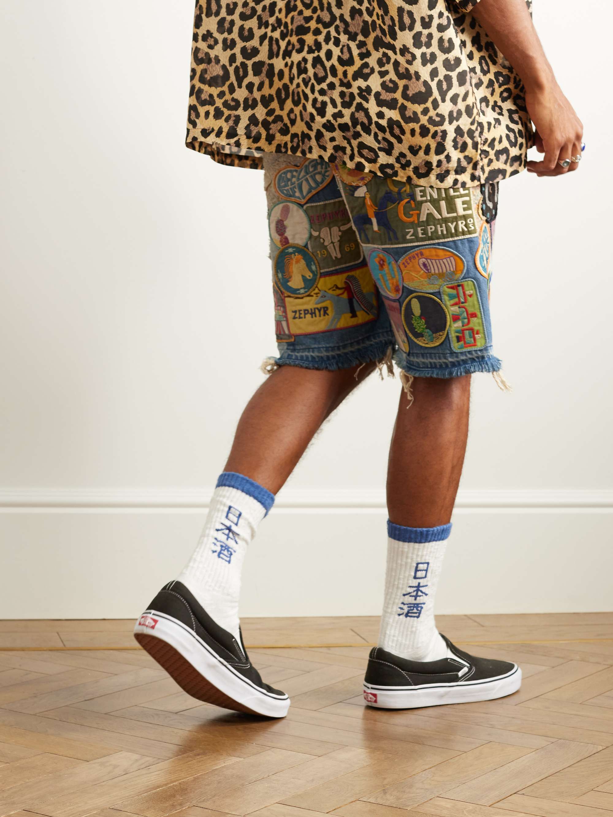 Straight-Leg Appliquéd Patchwork Denim Shorts view