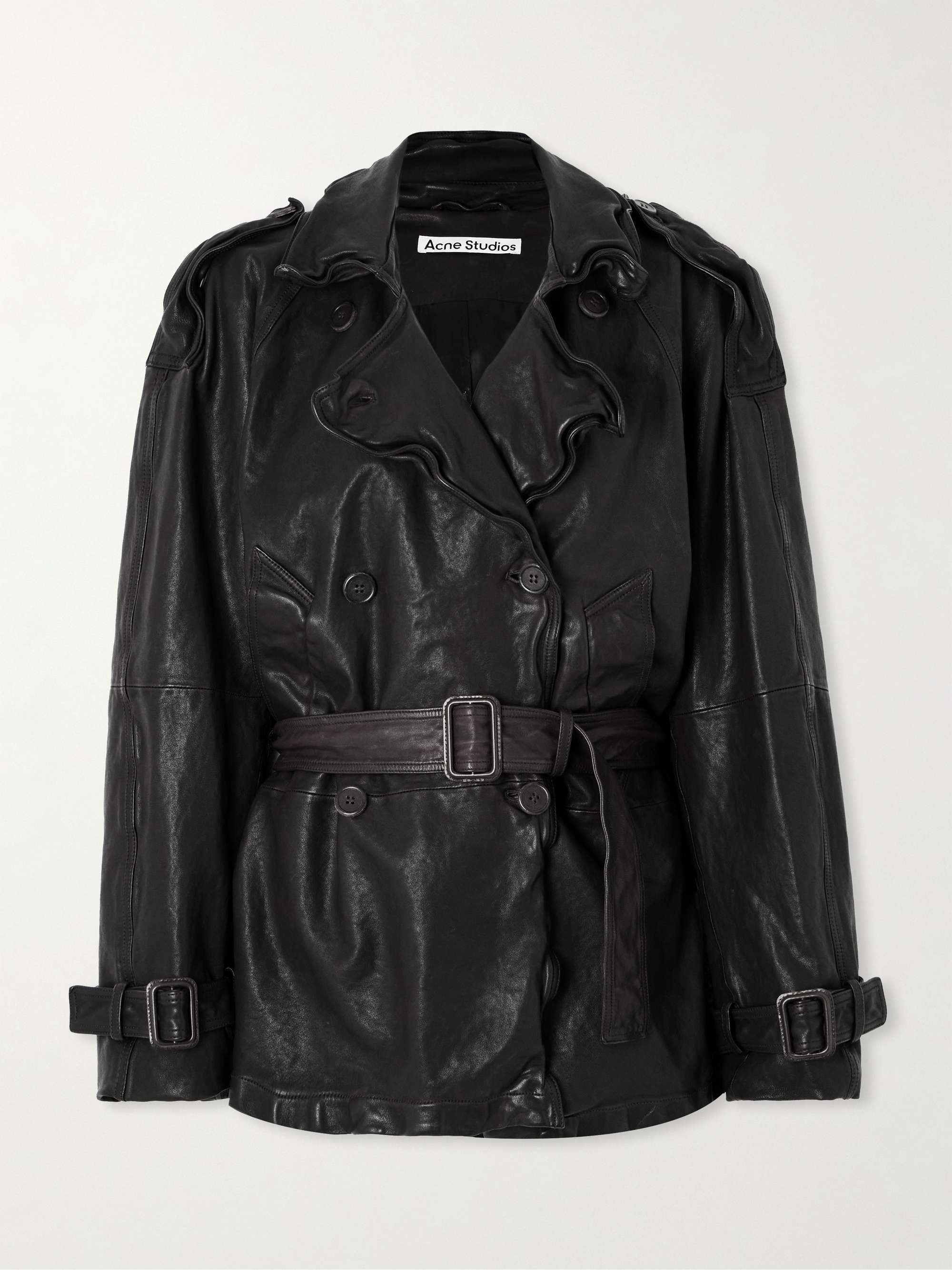 Double-breasted belted leather jacket view