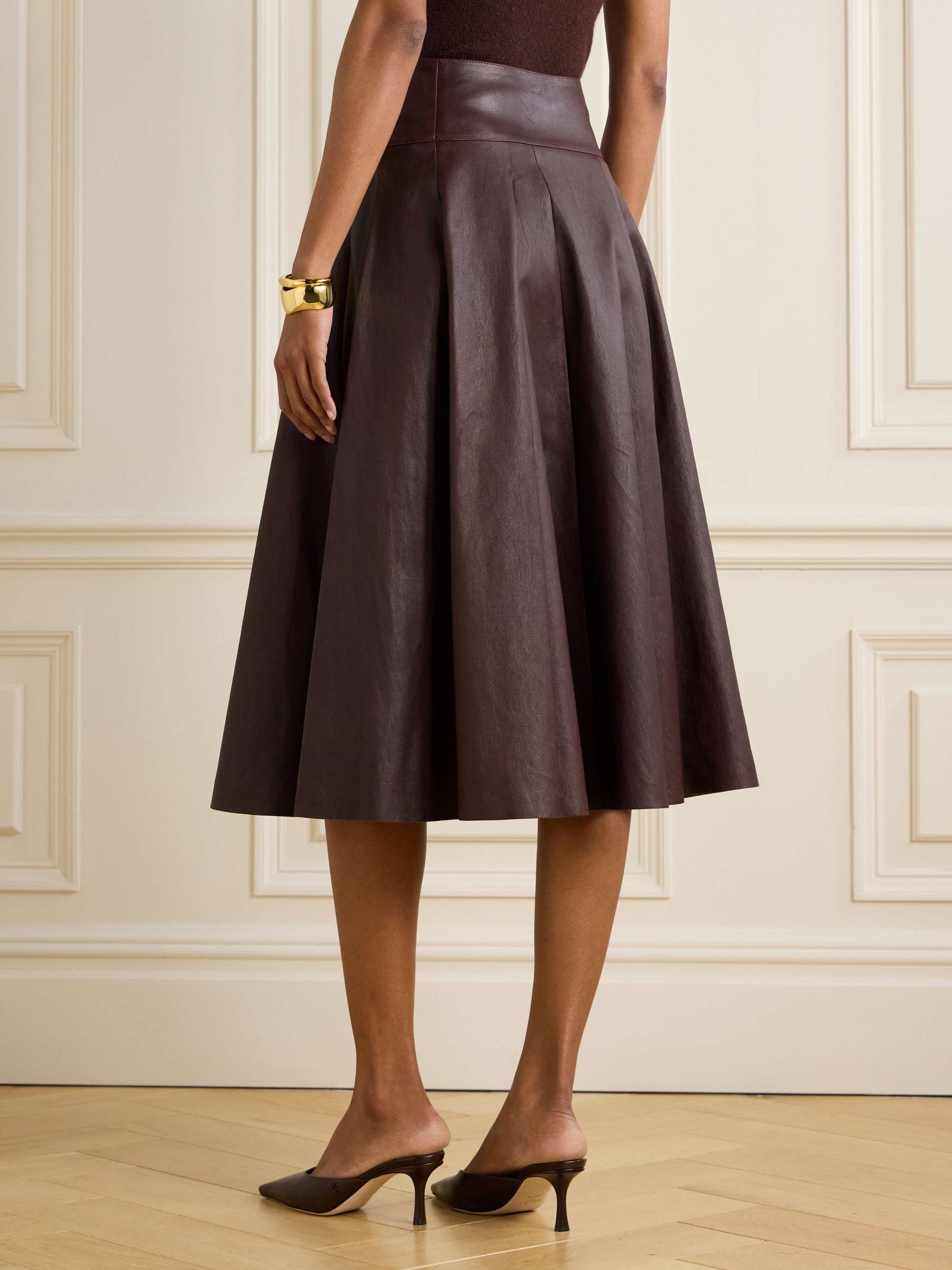 Queen paneled leather midi skirt view