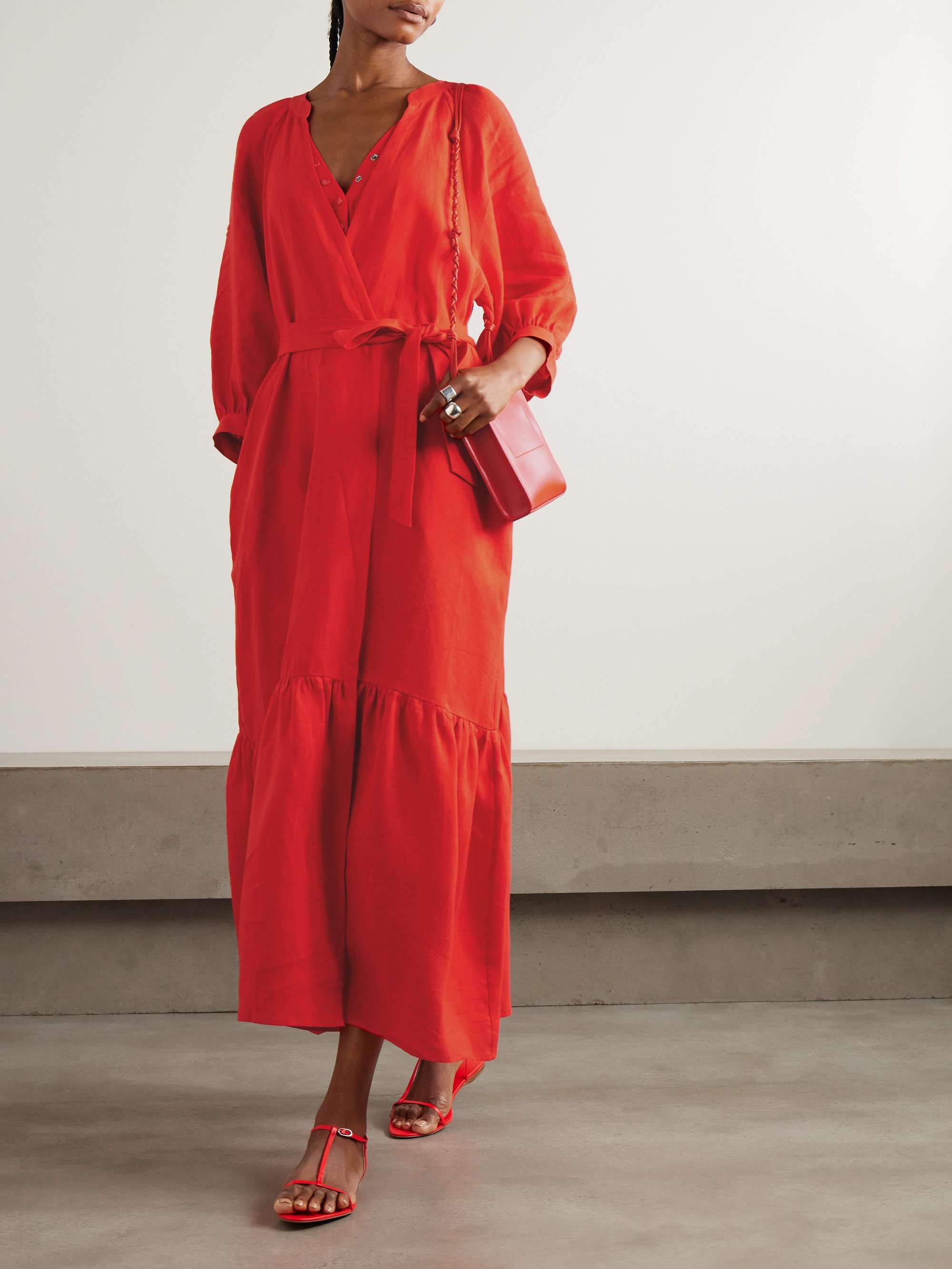 Joie tiered belted wrap-effect linen maxi dress view
