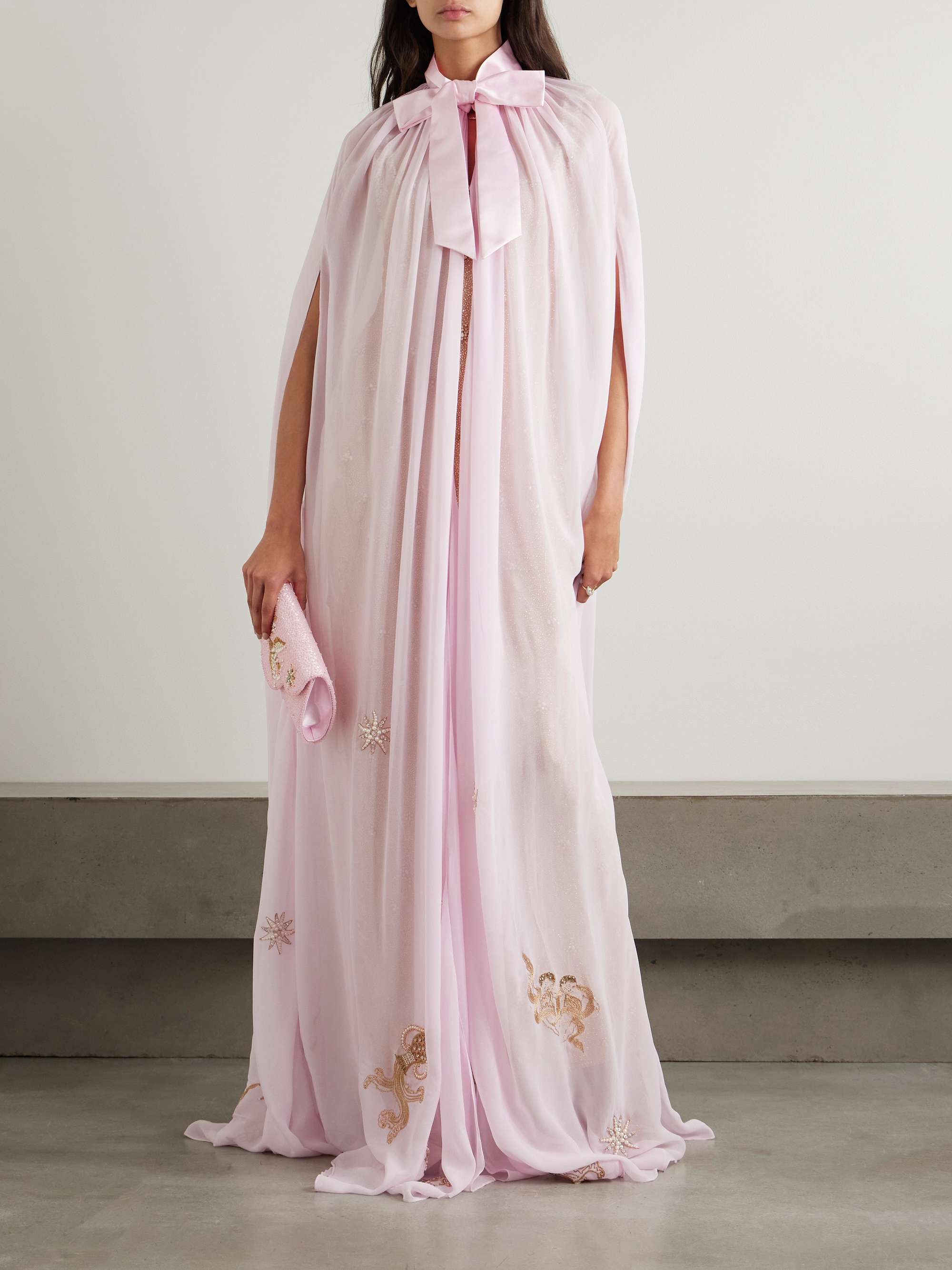 Nova satin-trimmed embellished georgette cape view