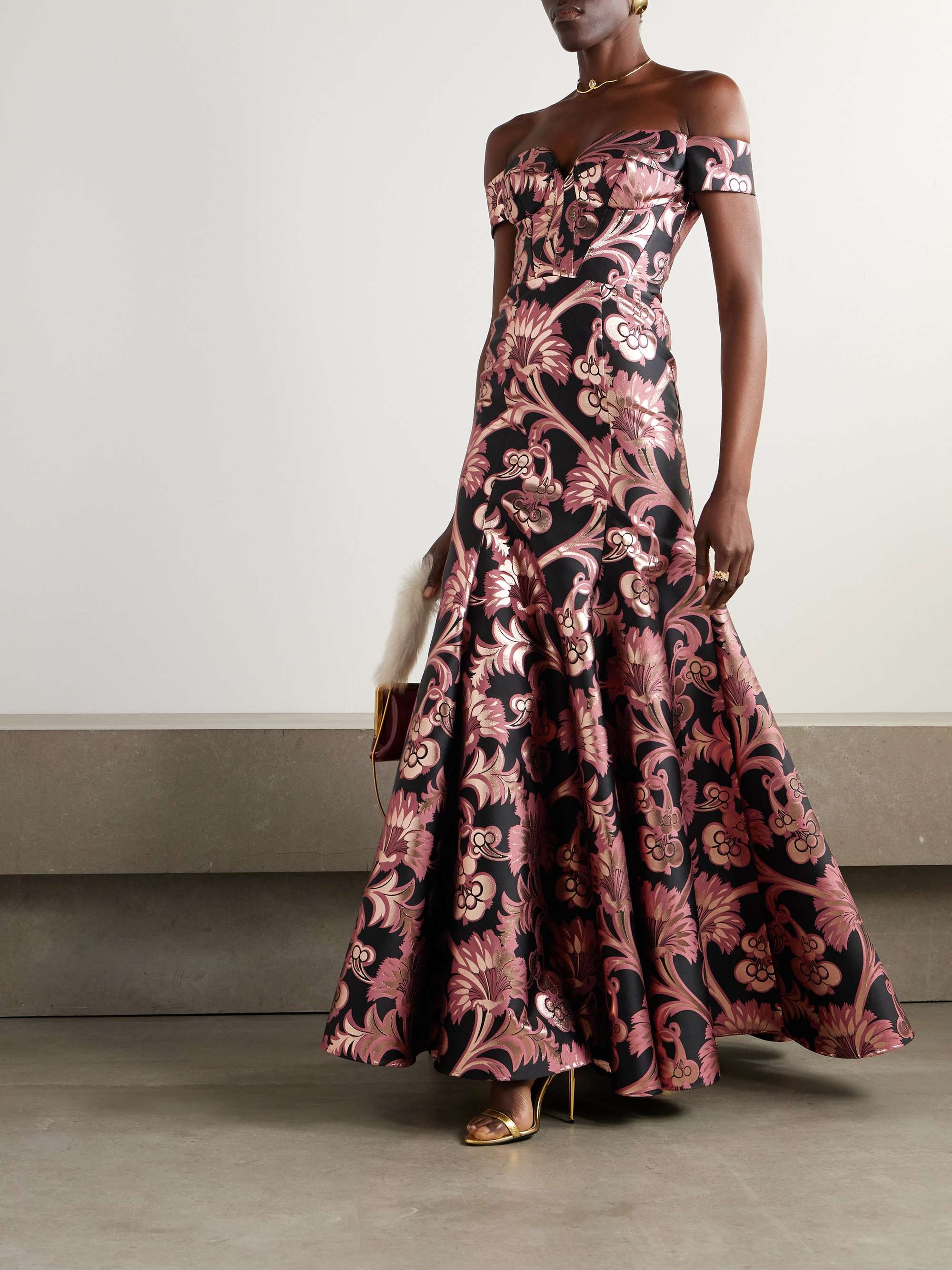 Bardot off-the-shoulder metallic brocade gown view
