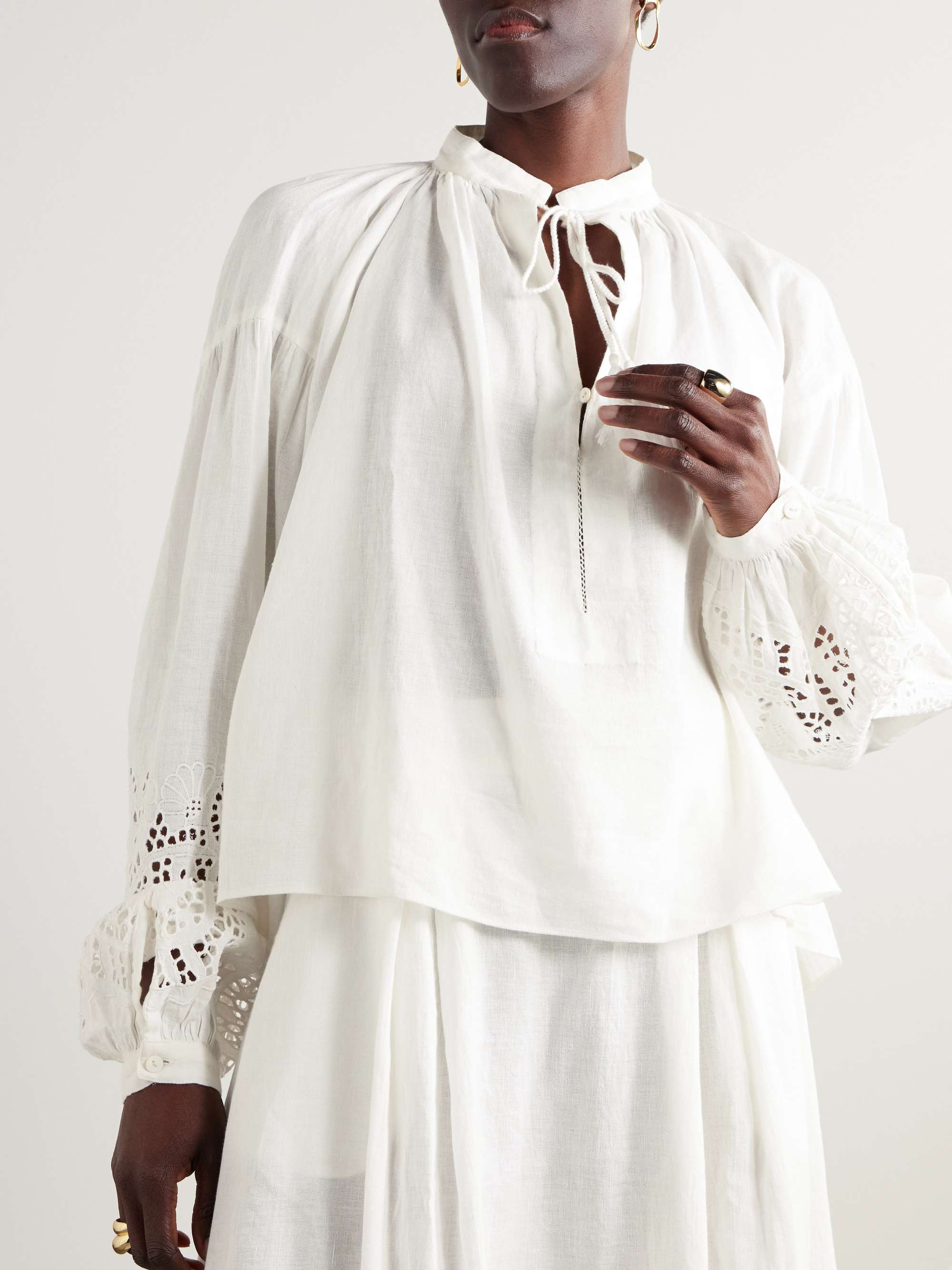 Gathered broderie anglaise linen and cotton-blend blouse view