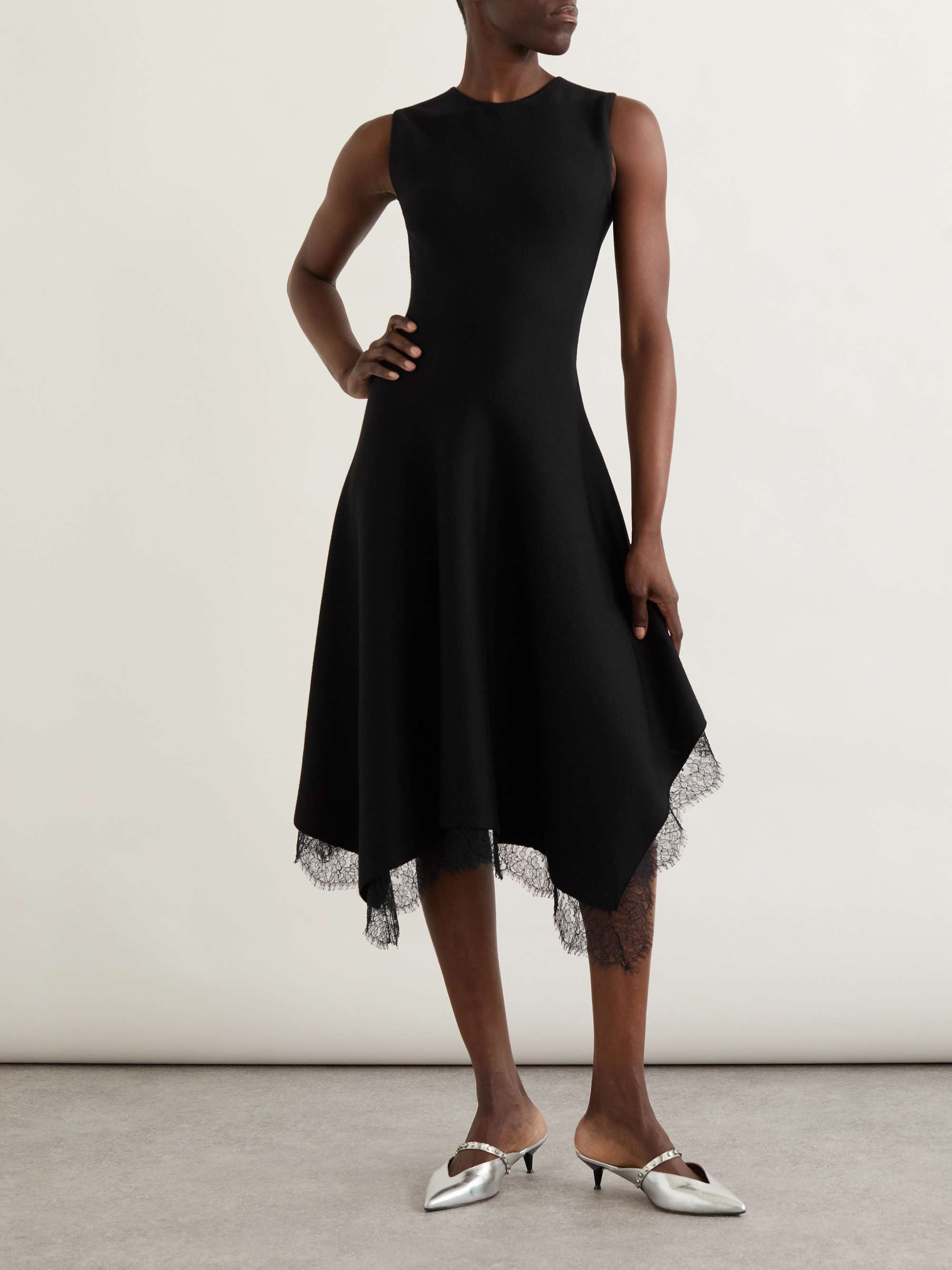 Asymmetric lace-trimmed woven midi dress view