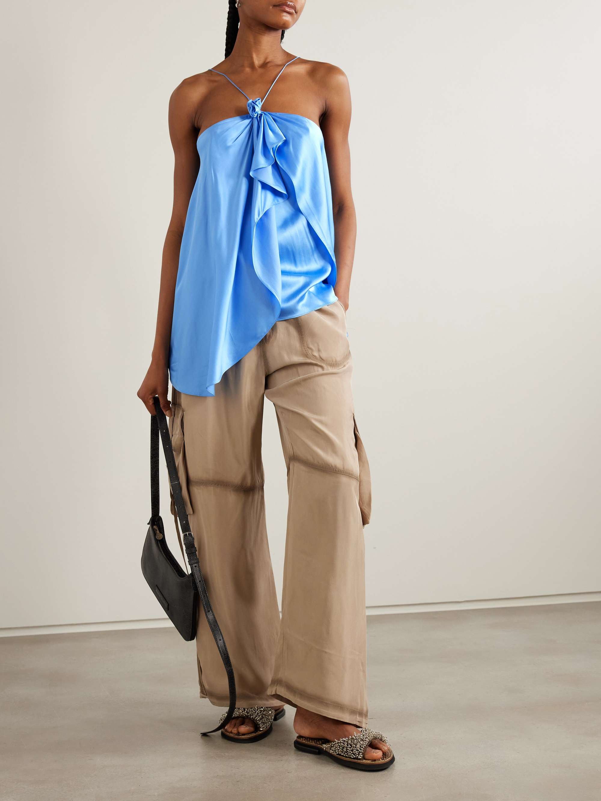 Draped satin halterneck top view
