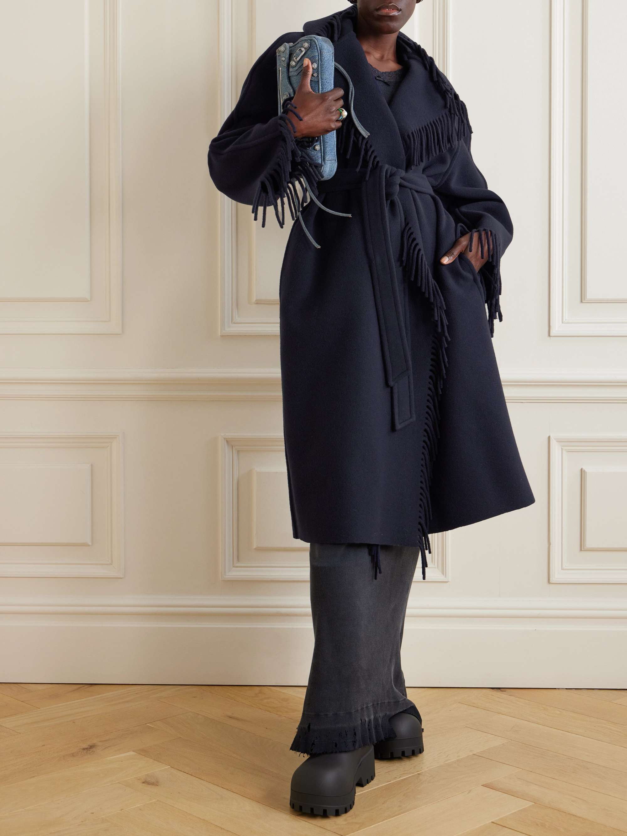 Fringed hooded brushed wool coat view