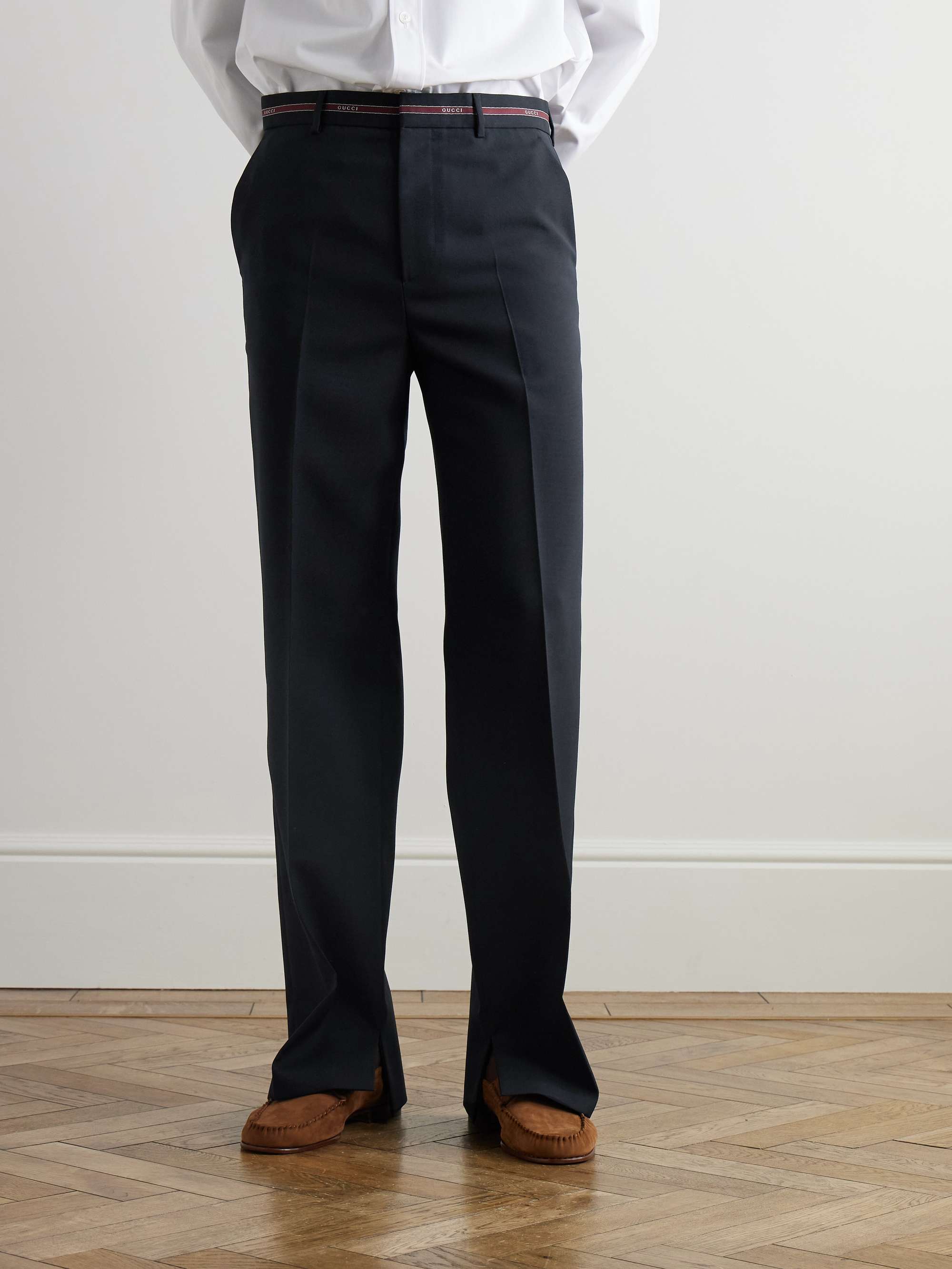 Lido Straight-Leg Logo Jacquard-Trimmed Grain de Poudre Wool Trousers view