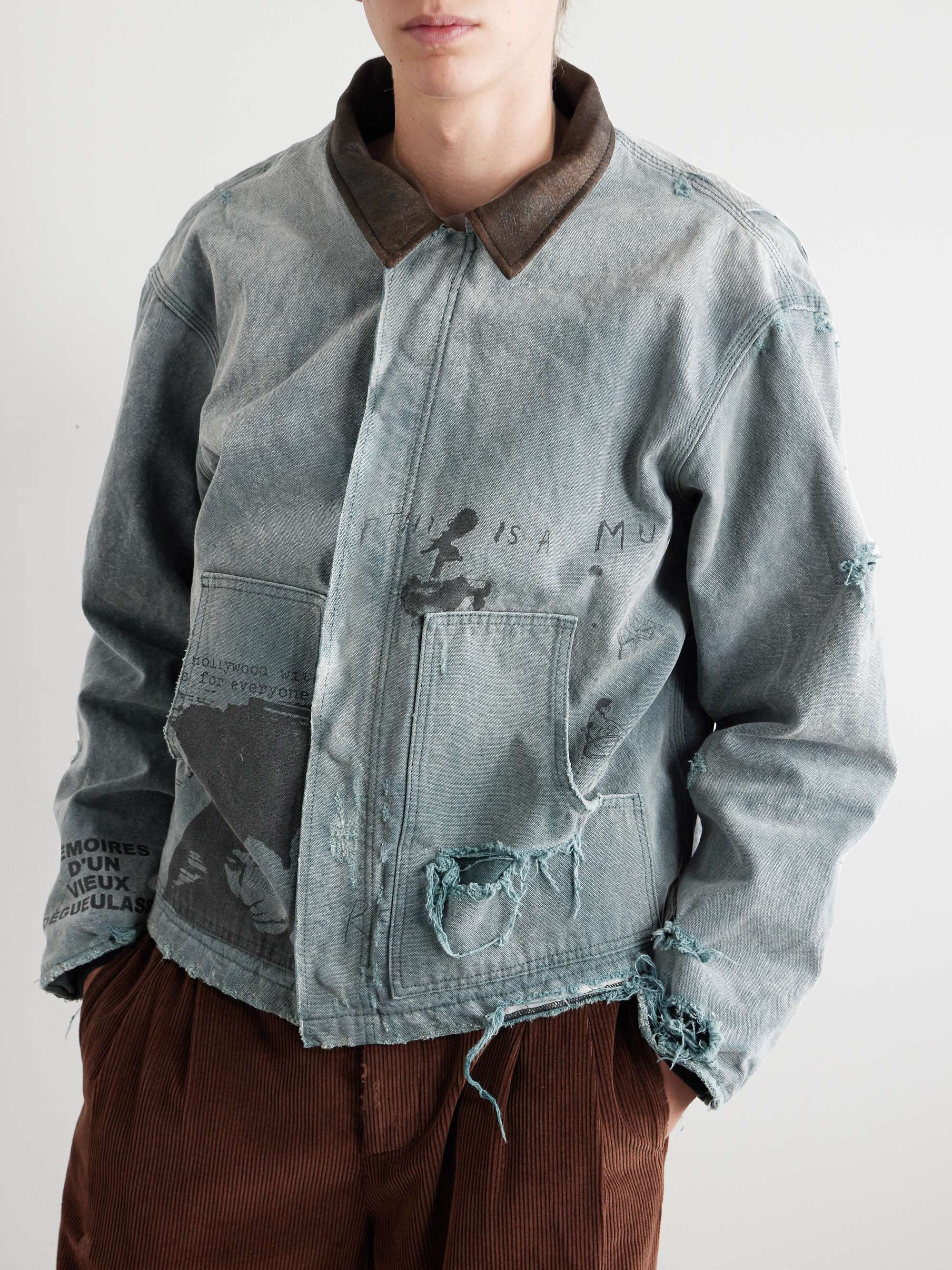 Leather-Trimmed Distressed Printed Cotton-Canvas Jacket view