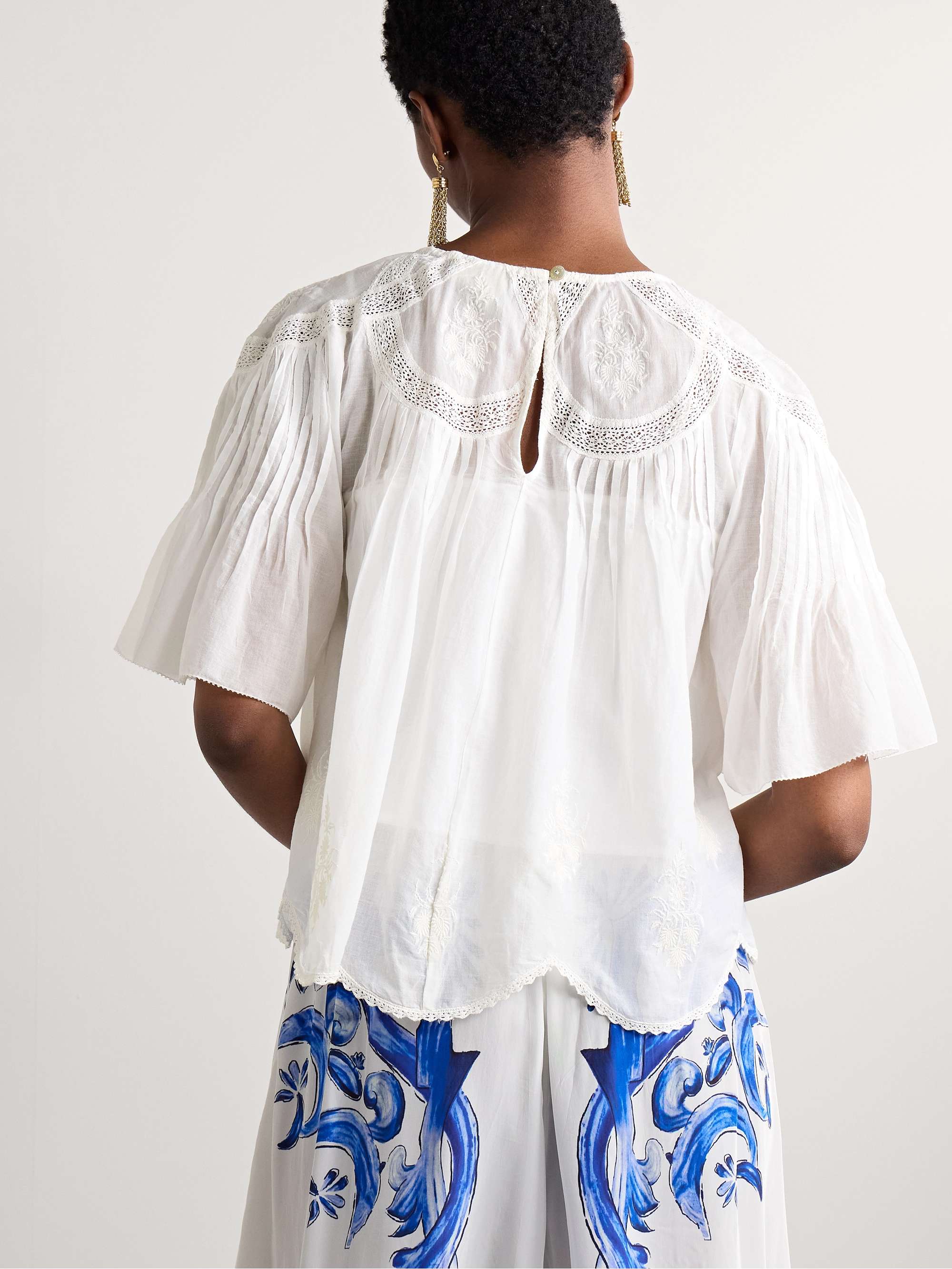 Crochet-trimmed embroidered cotton-voile blouse view