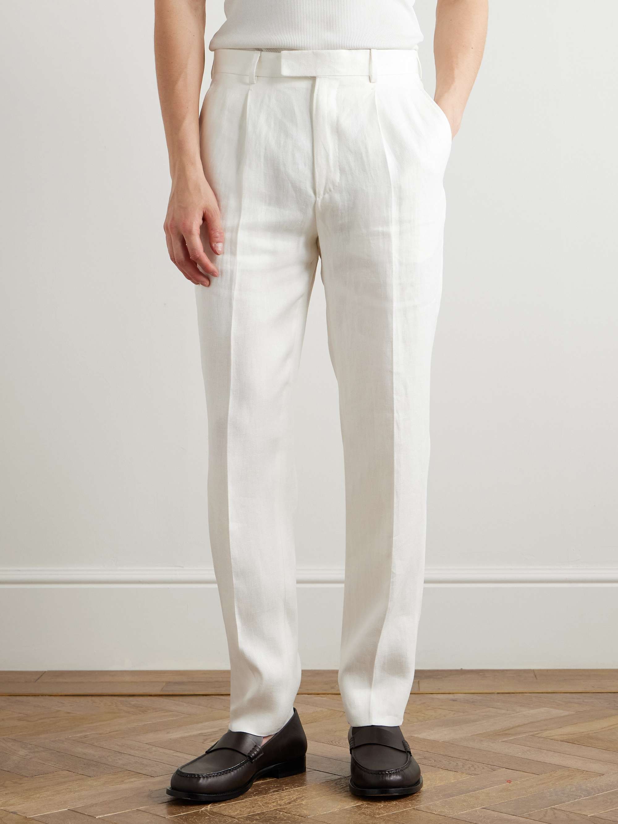 Straight-Leg Pleated Linen-Twill Trousers view