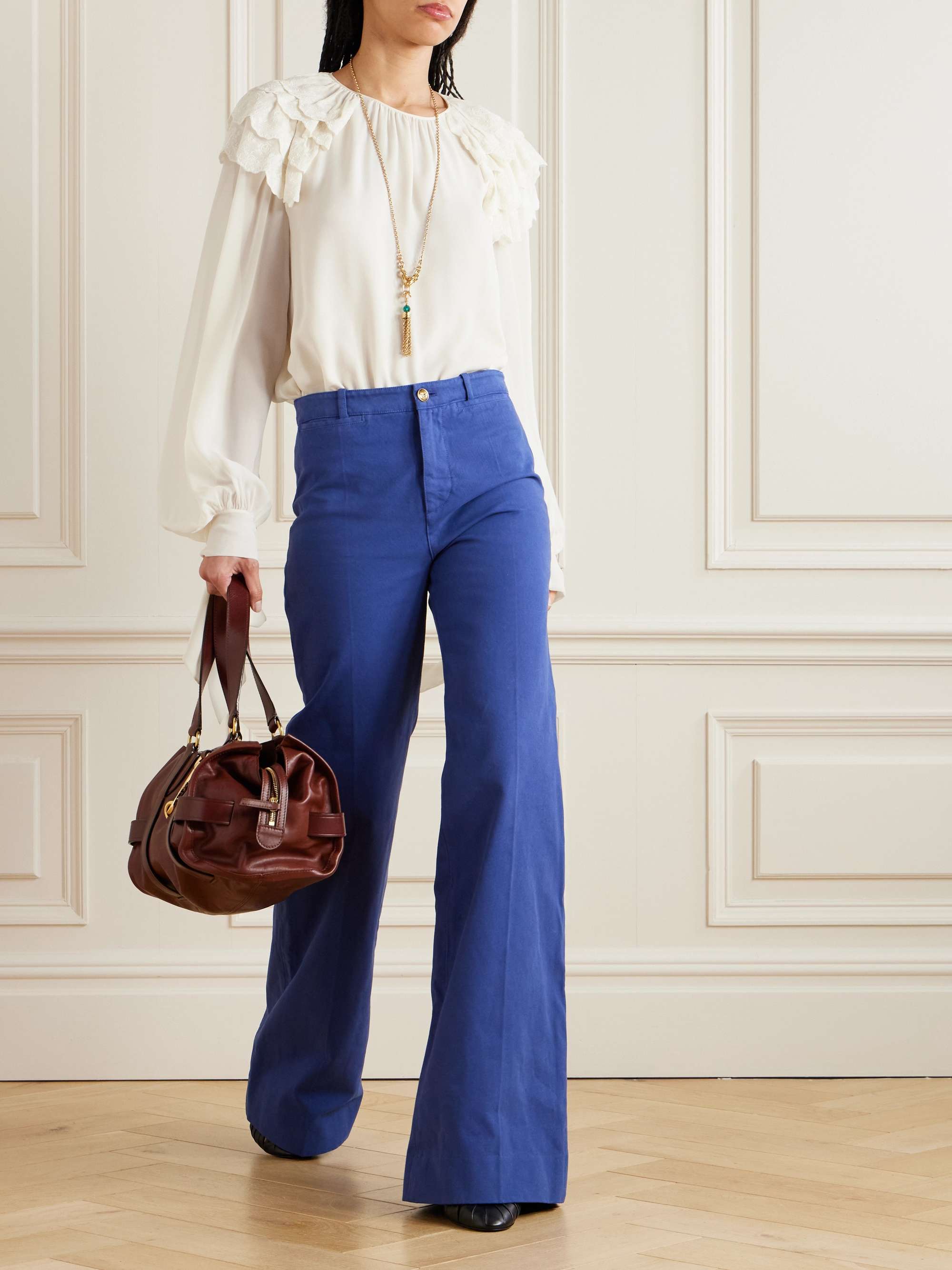 Ruffled broderie anglaise-trimmed silk-georgette blouse view