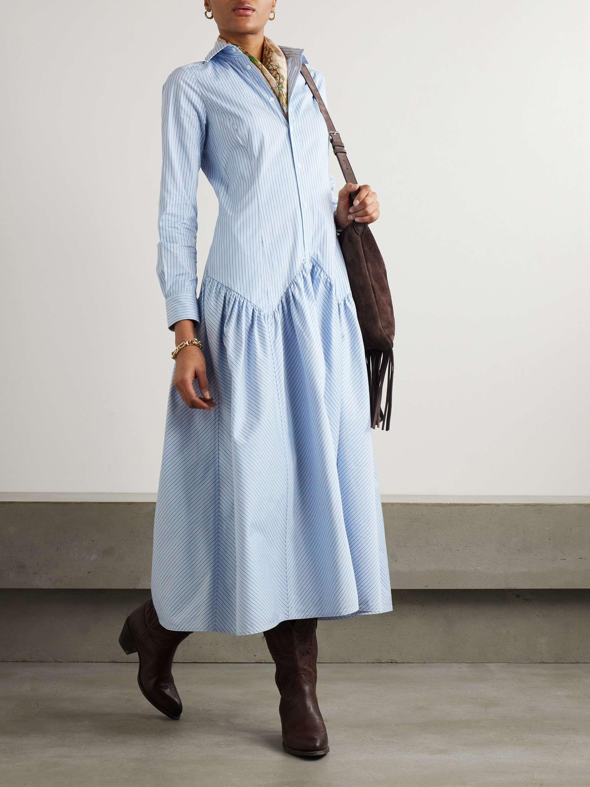 Gathered striped cotton and modal-blend poplin shirt dress view