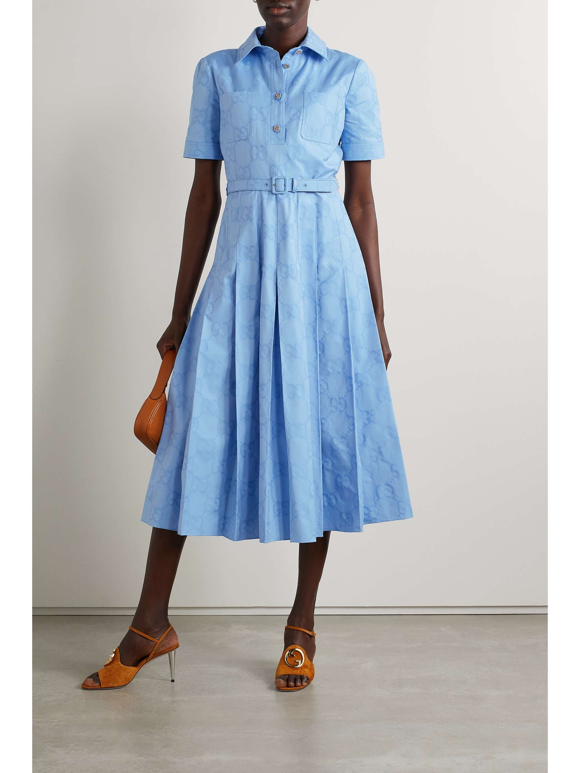Belted pleated cotton Oxford-jacquard midi dress view
