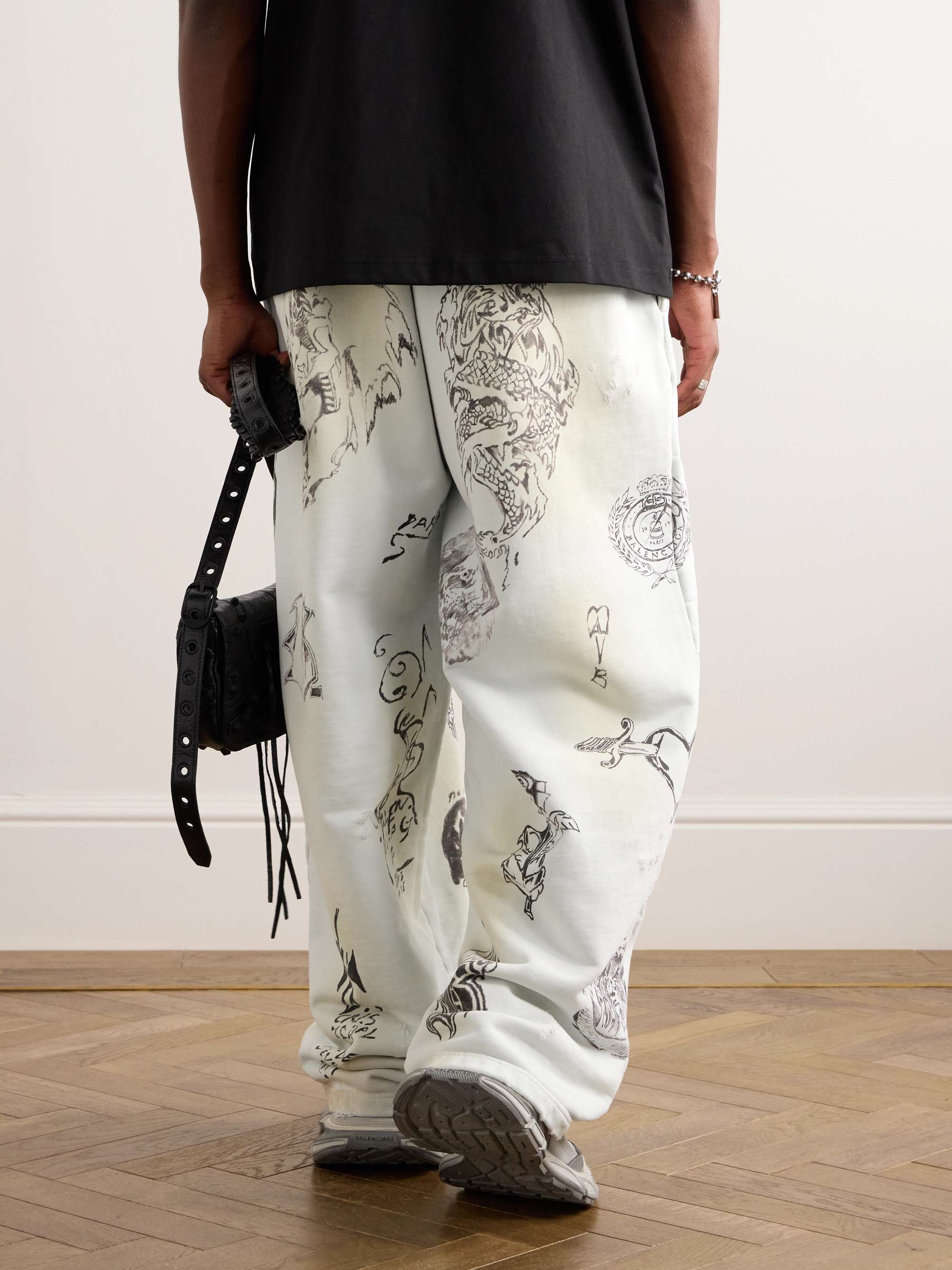 Wide-Leg Printed Distressed Cotton-Jersey Sweatpants view