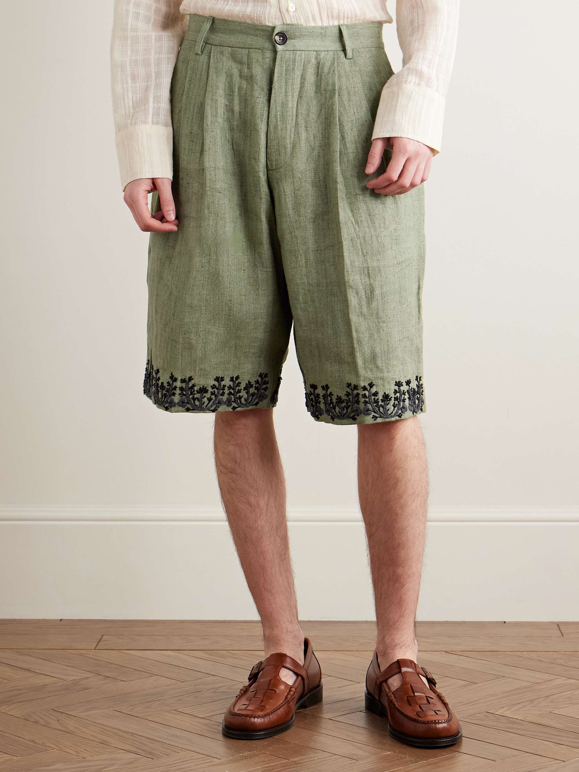 Wide-Leg Pleated Embellished Embroidered Cotton Shorts view