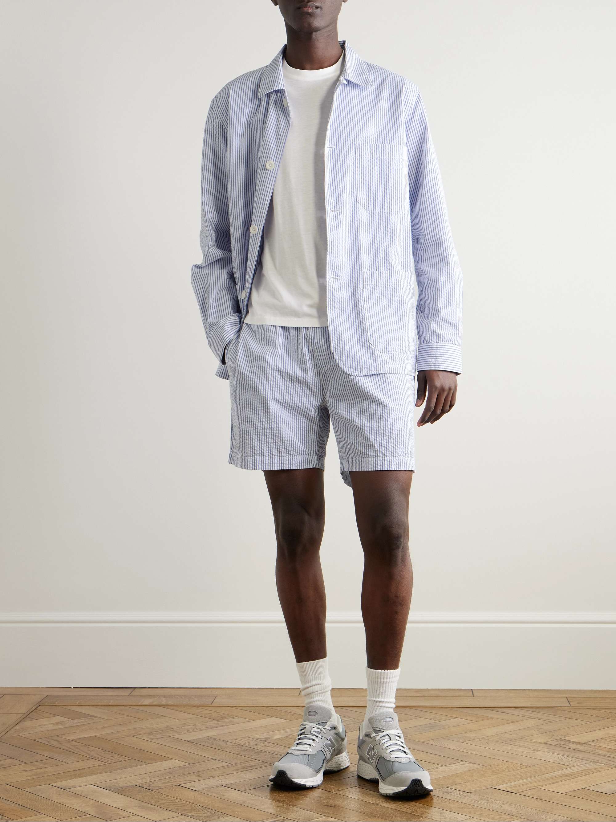 Straight-Leg Striped Cotton-Seersucker Drawstring Shorts view