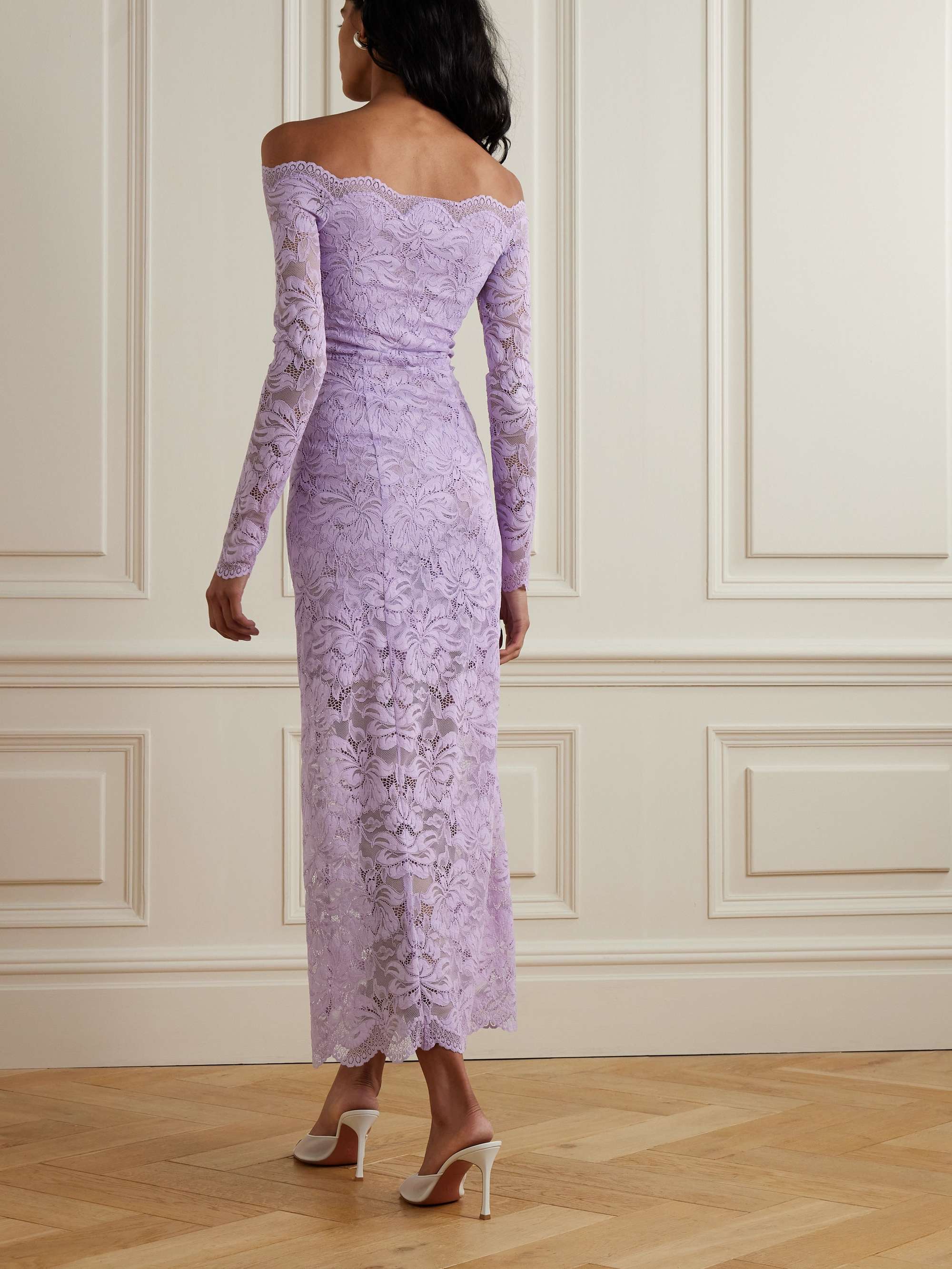 Off-the-shoulder twist-front guipure lace midi dress view