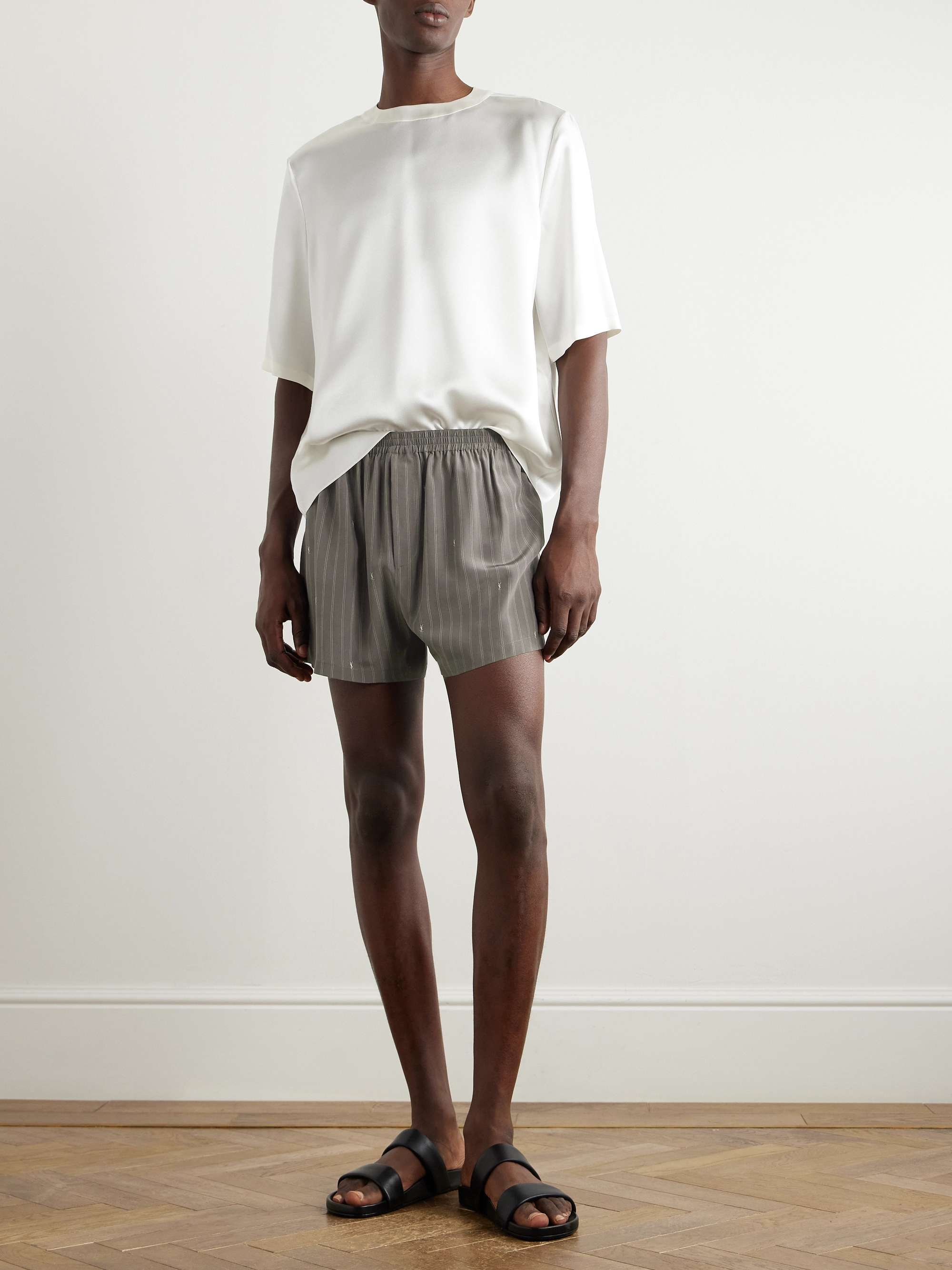Straight-Leg Logo-Print Pinstriped Silk Shorts view