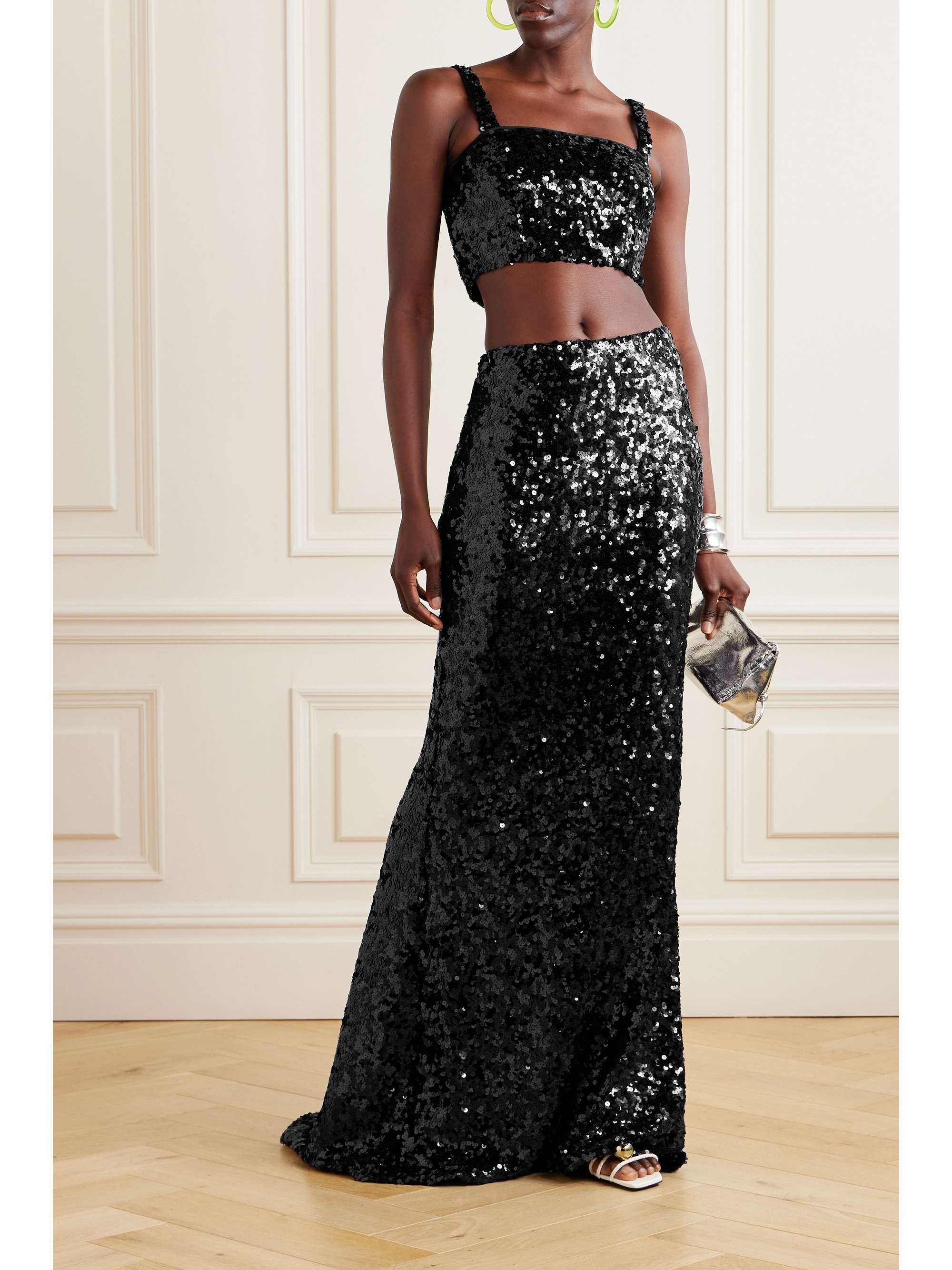Cropped sequined stretch-tulle bustier top view