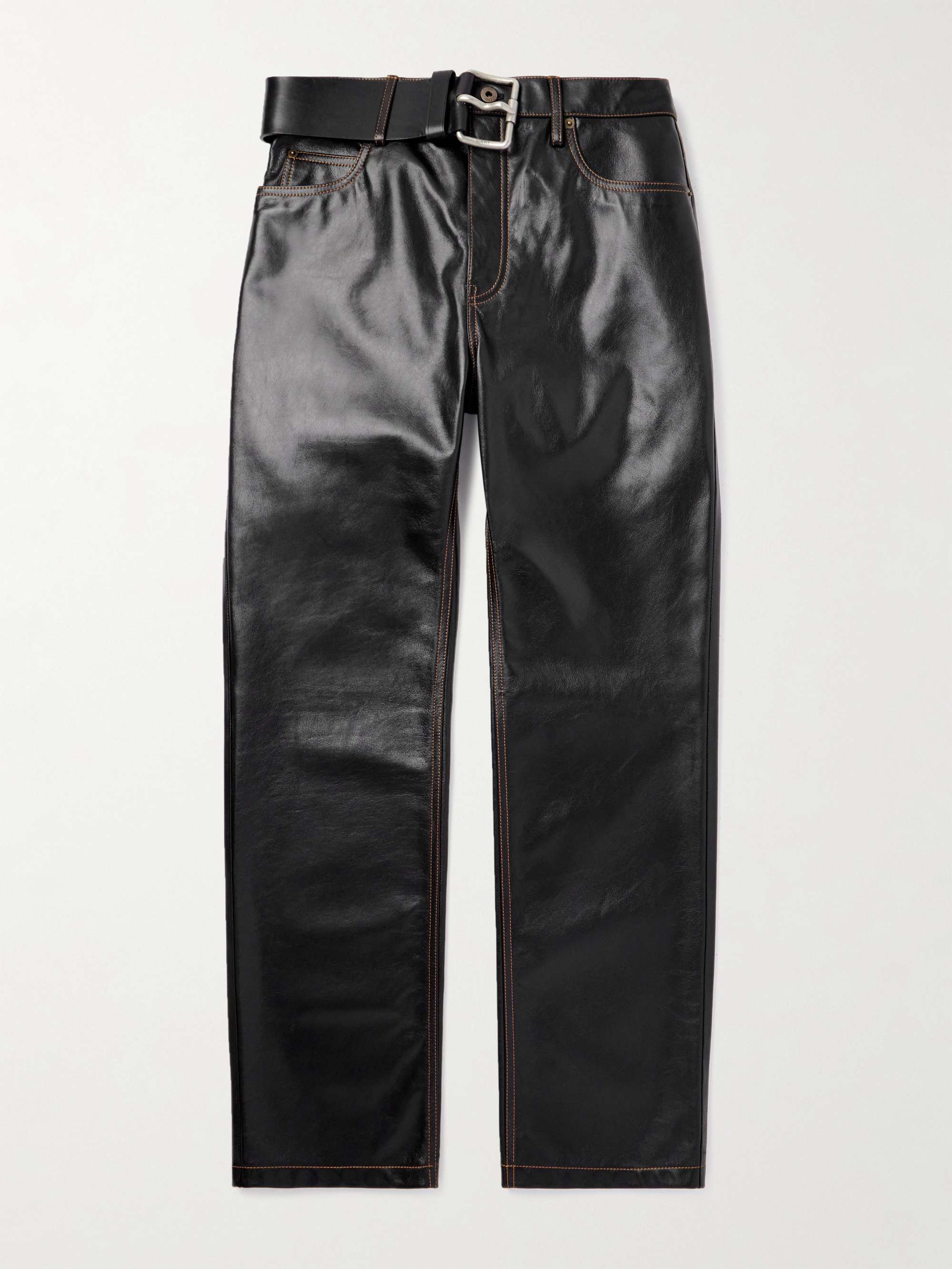 Straight-Leg Belted Leather Trousers view