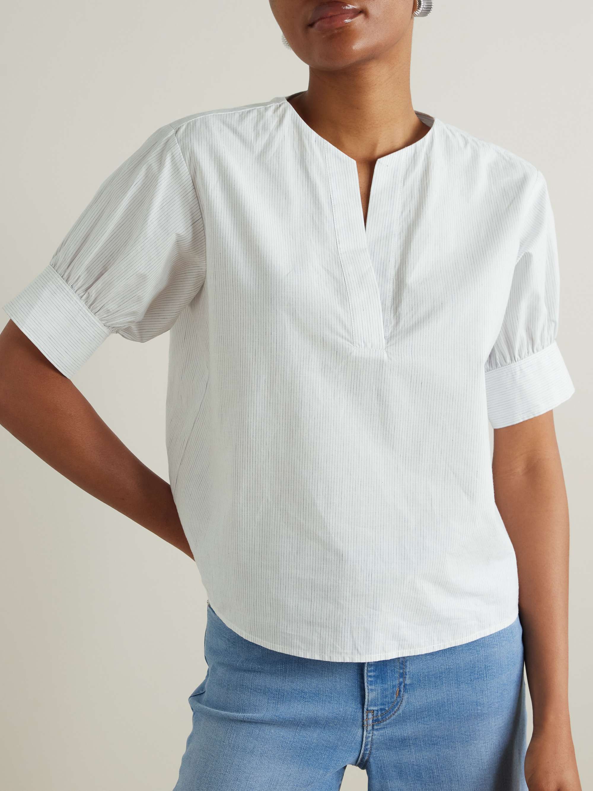 Pinstriped cotton and linen-blend blouse view