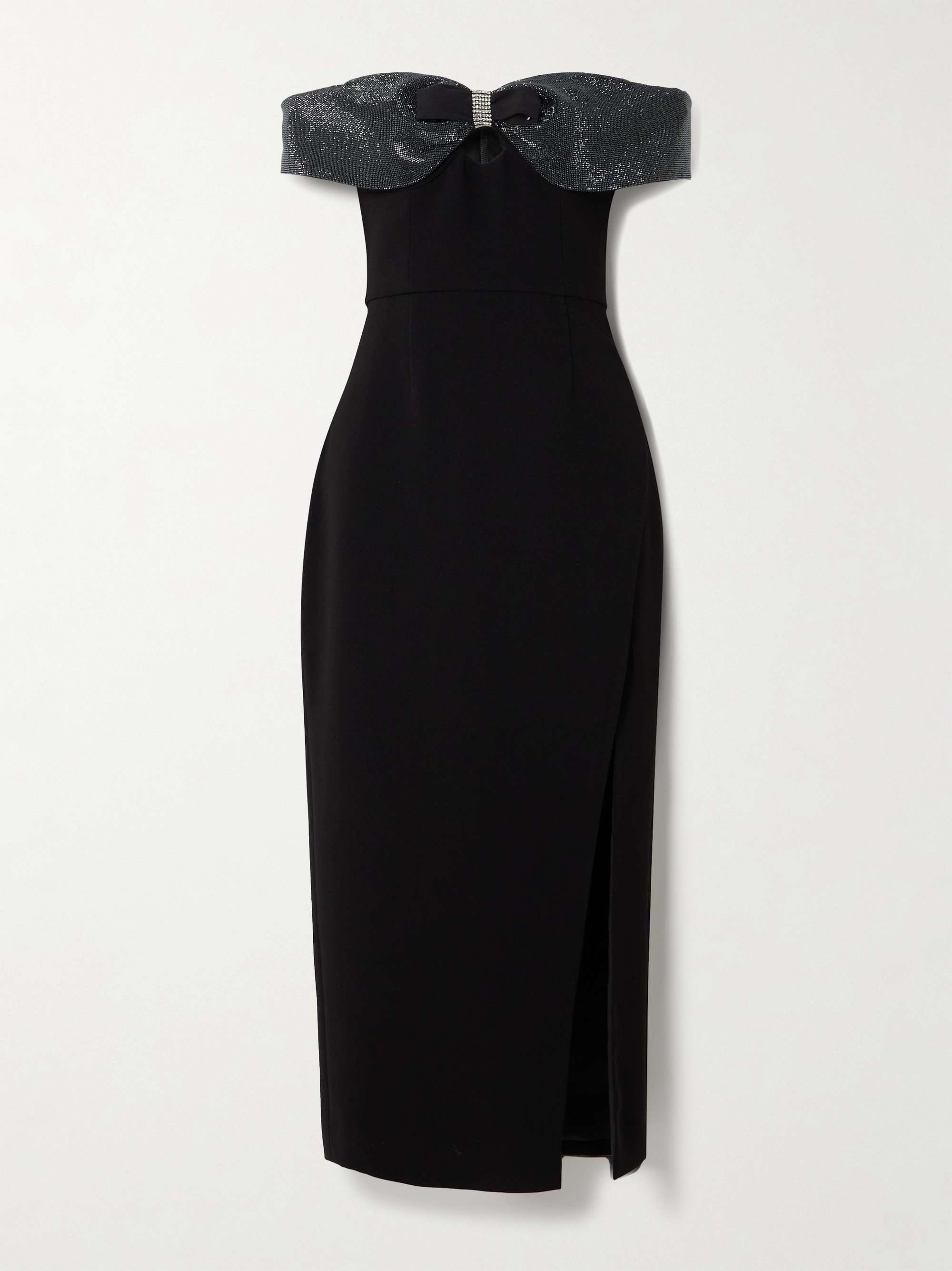 Bow and crystal-embellished off-the-shoulder crepe midi dress view