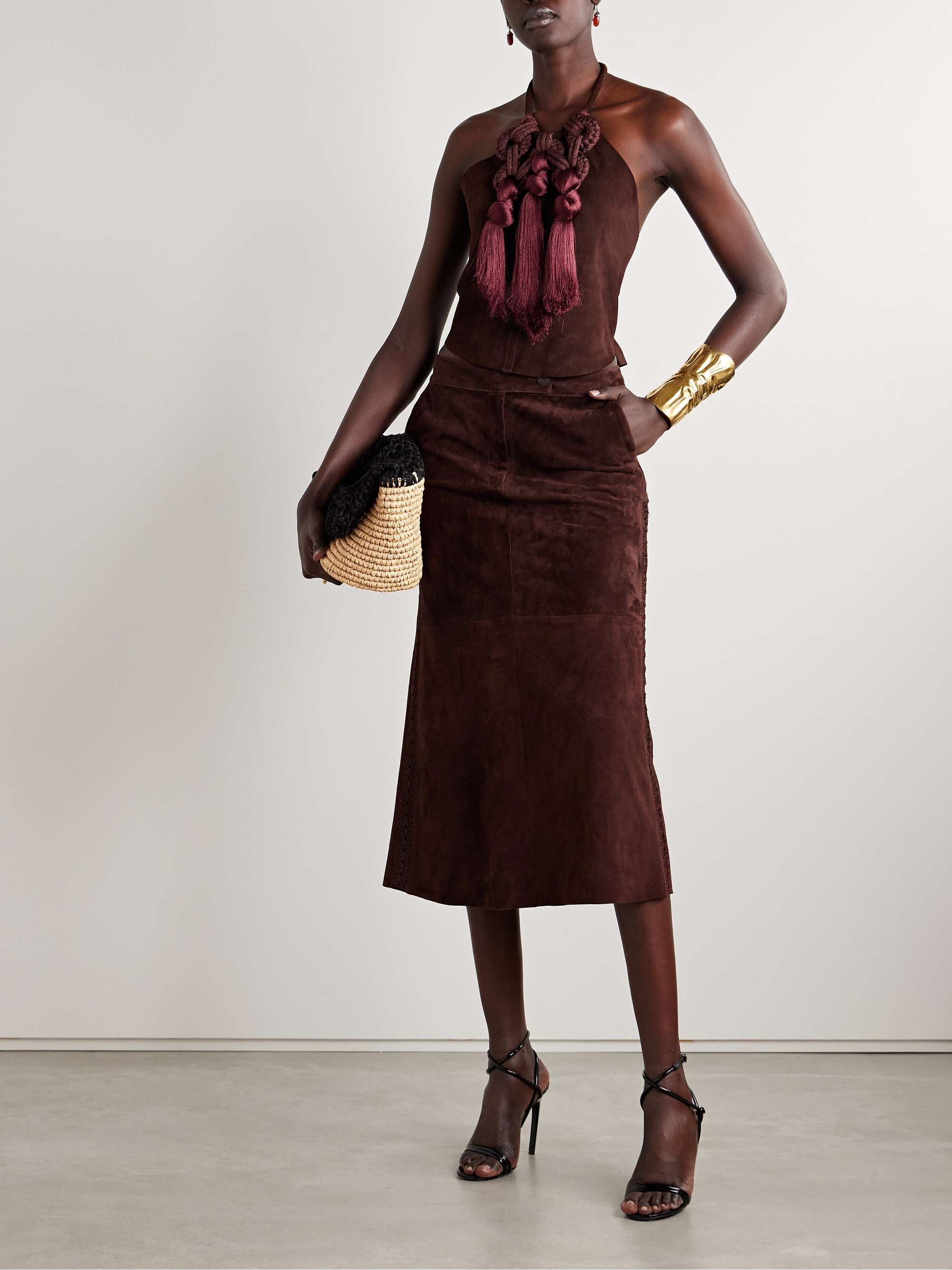 El Buque crochet-trimmed suede midi skirt view