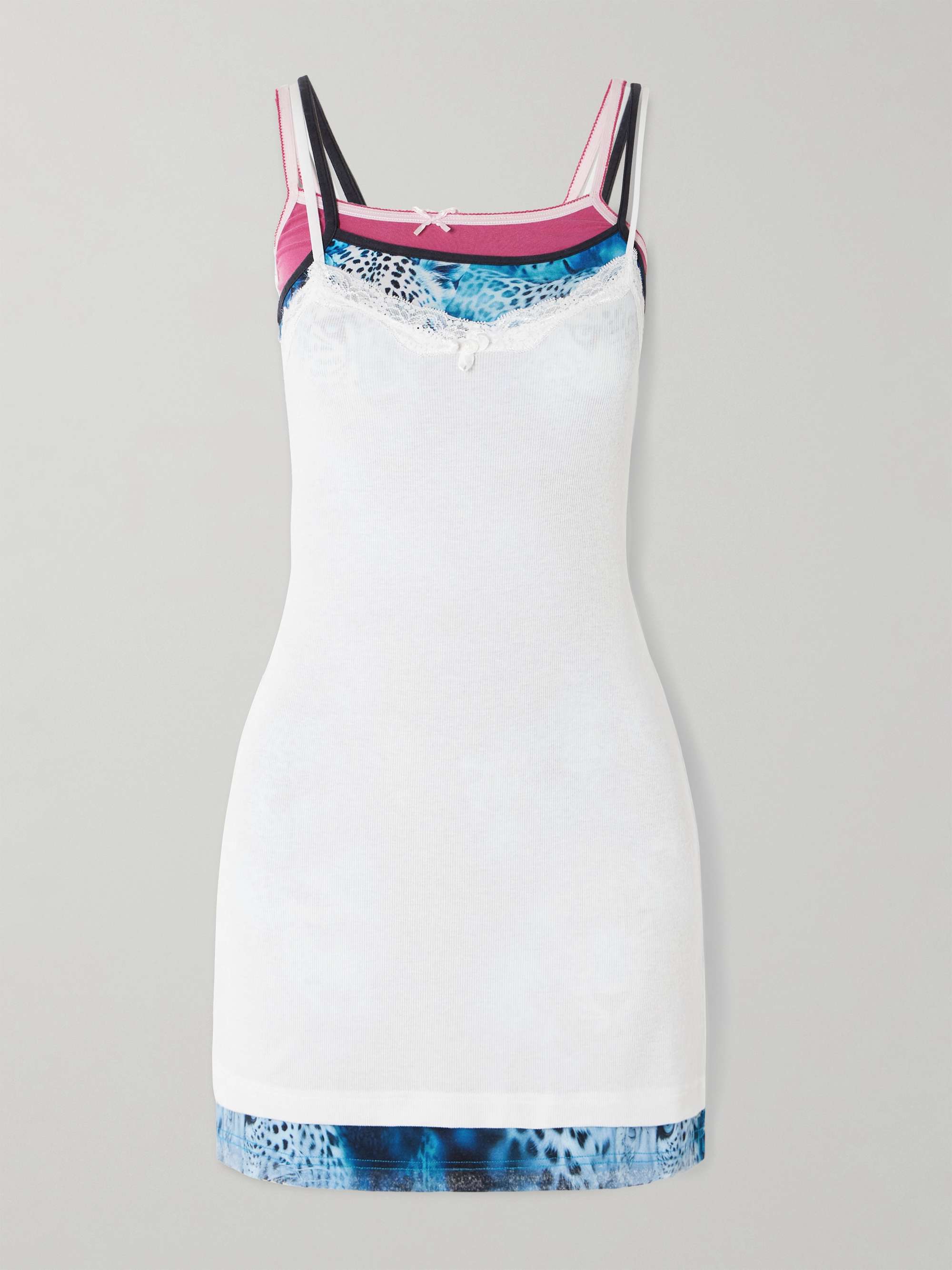 Layered lace-trimmed printed ribbed stretch-modal mini dress view