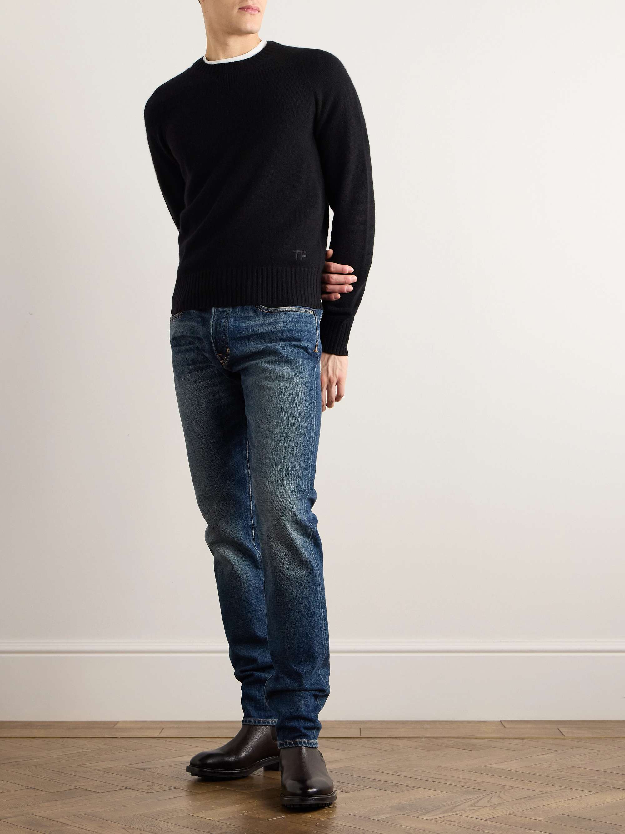 Slim-Fit Logo-Embroidered Brushed-Cashmere Sweater view