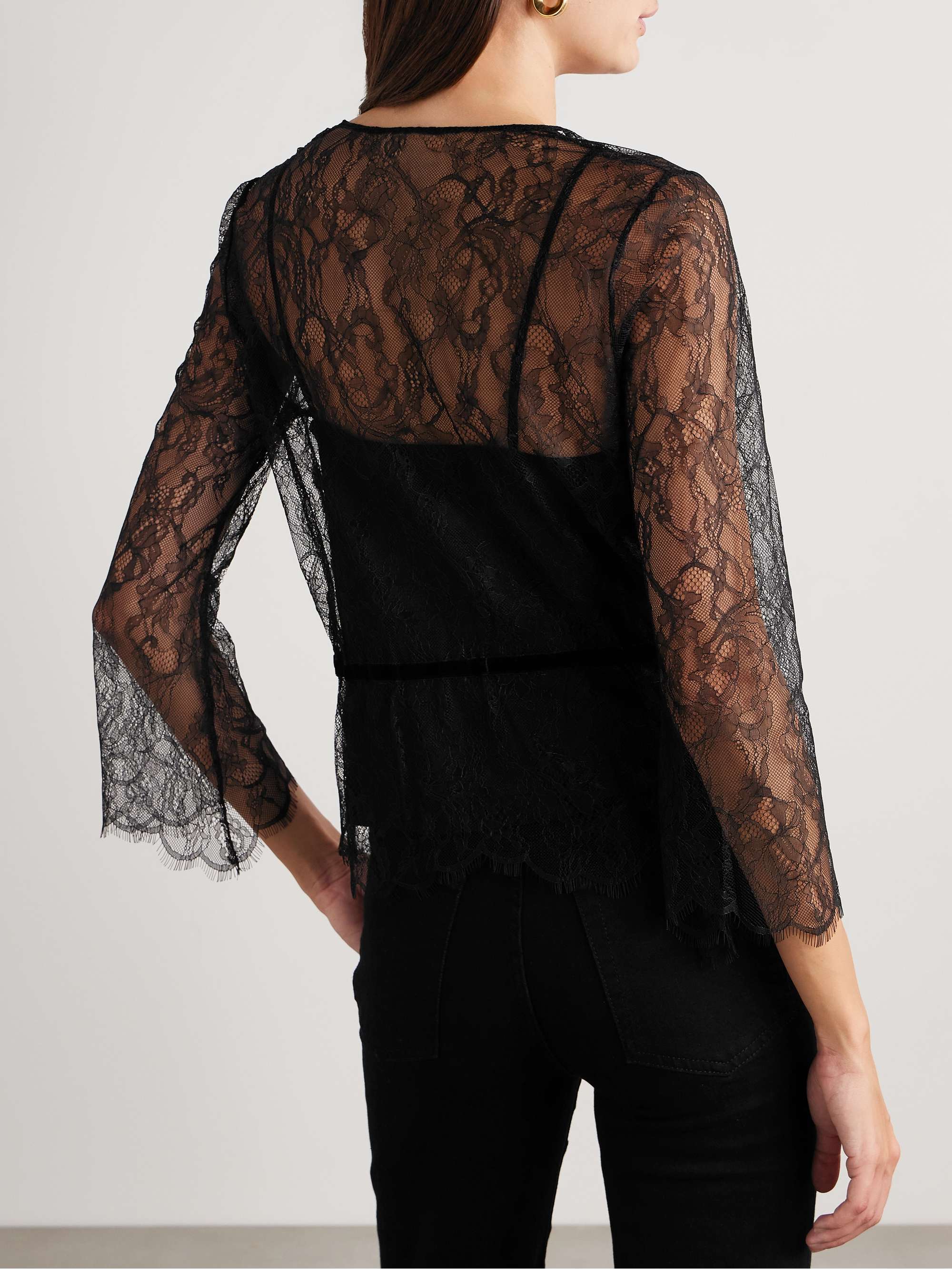 Tie-detailed velvet-trimmed lace blouse view