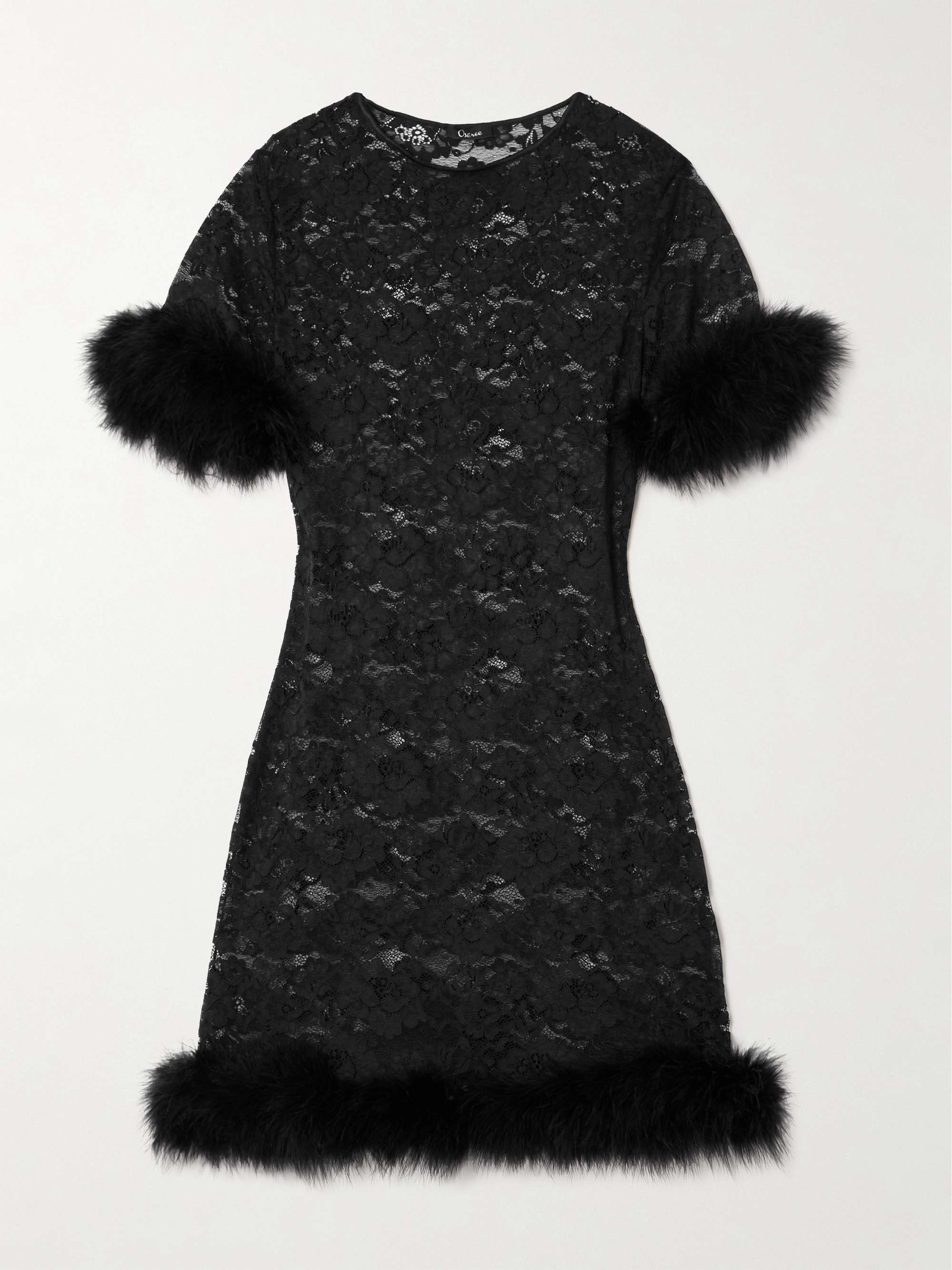 Feather-trimmed corded lace mini dress view