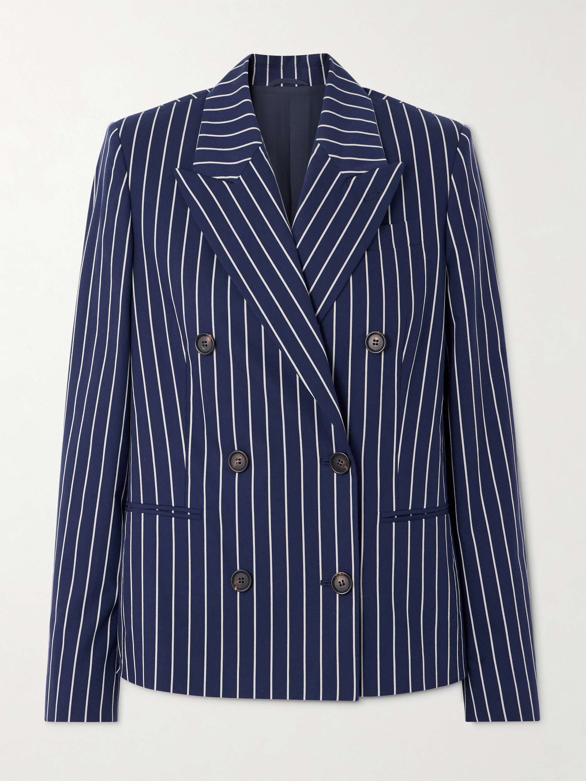 Double-breasted striped cotton and silk-blend blazer view
