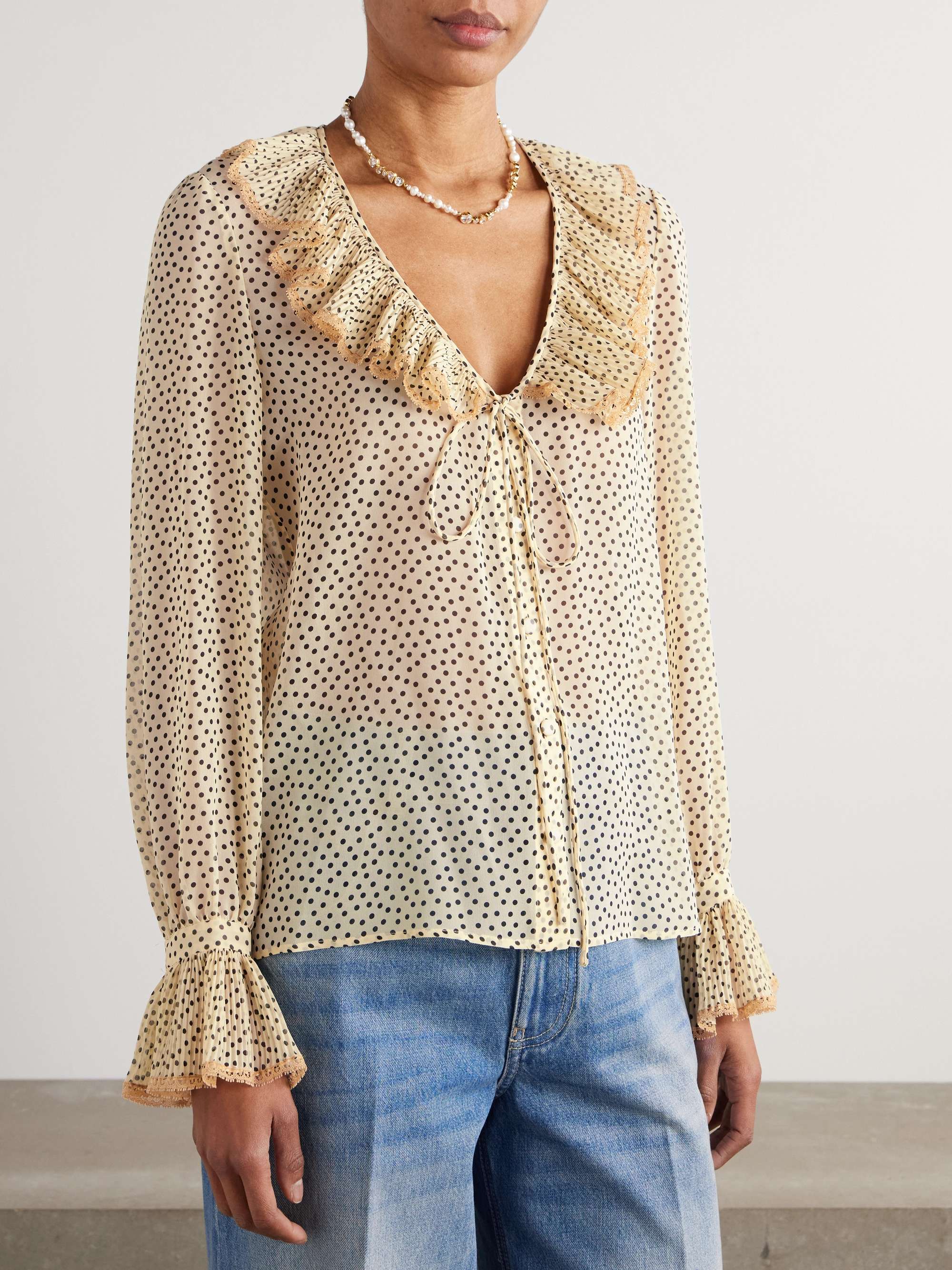 Lace-trimmed ruffled polka-dot silk-chiffon blouse view