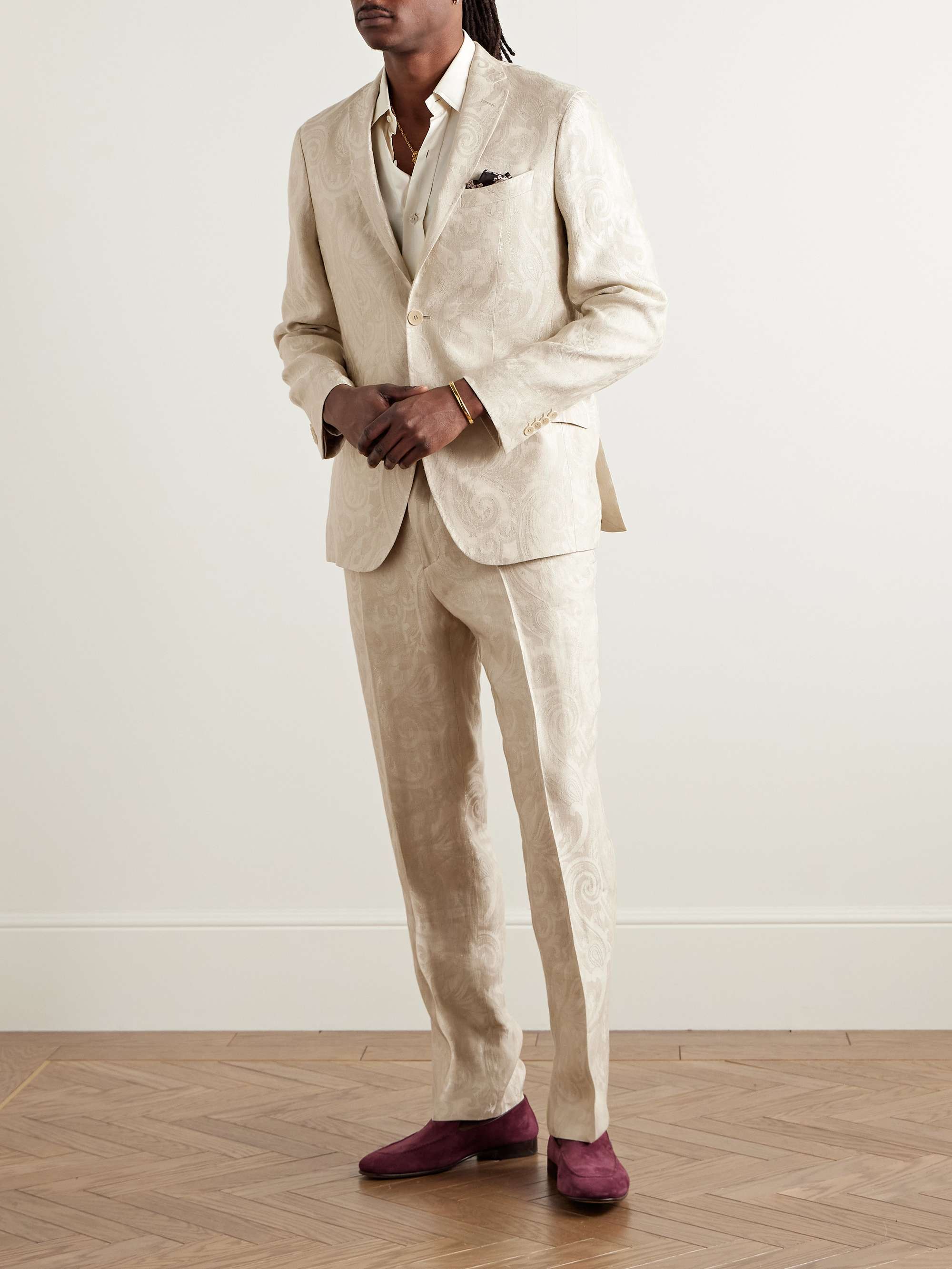 Straight-Leg Pleated Paisley-Jacquard Linen-Blend Suit Trousers view