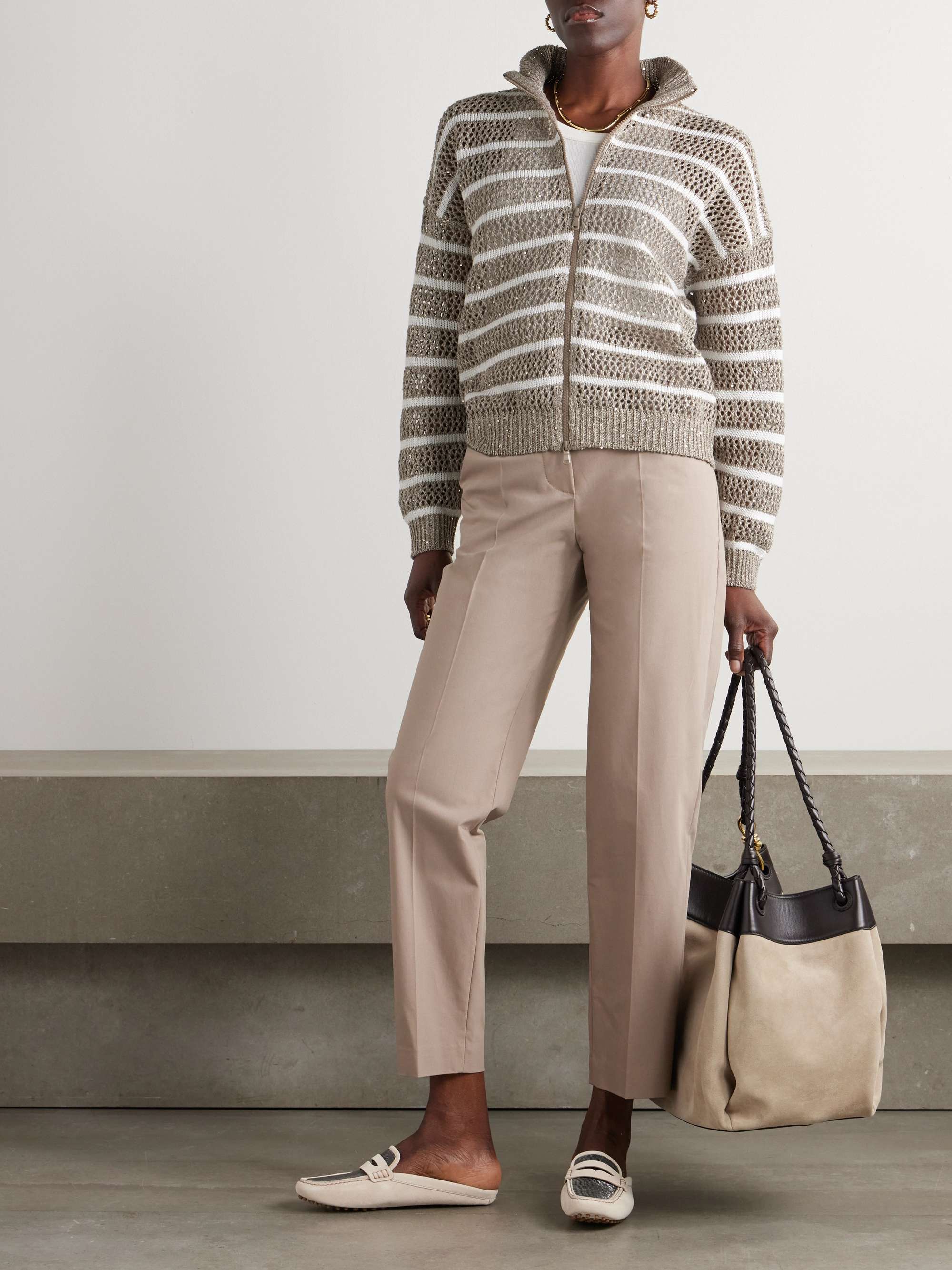 Sequined striped open-knit linen-blend cardigan view