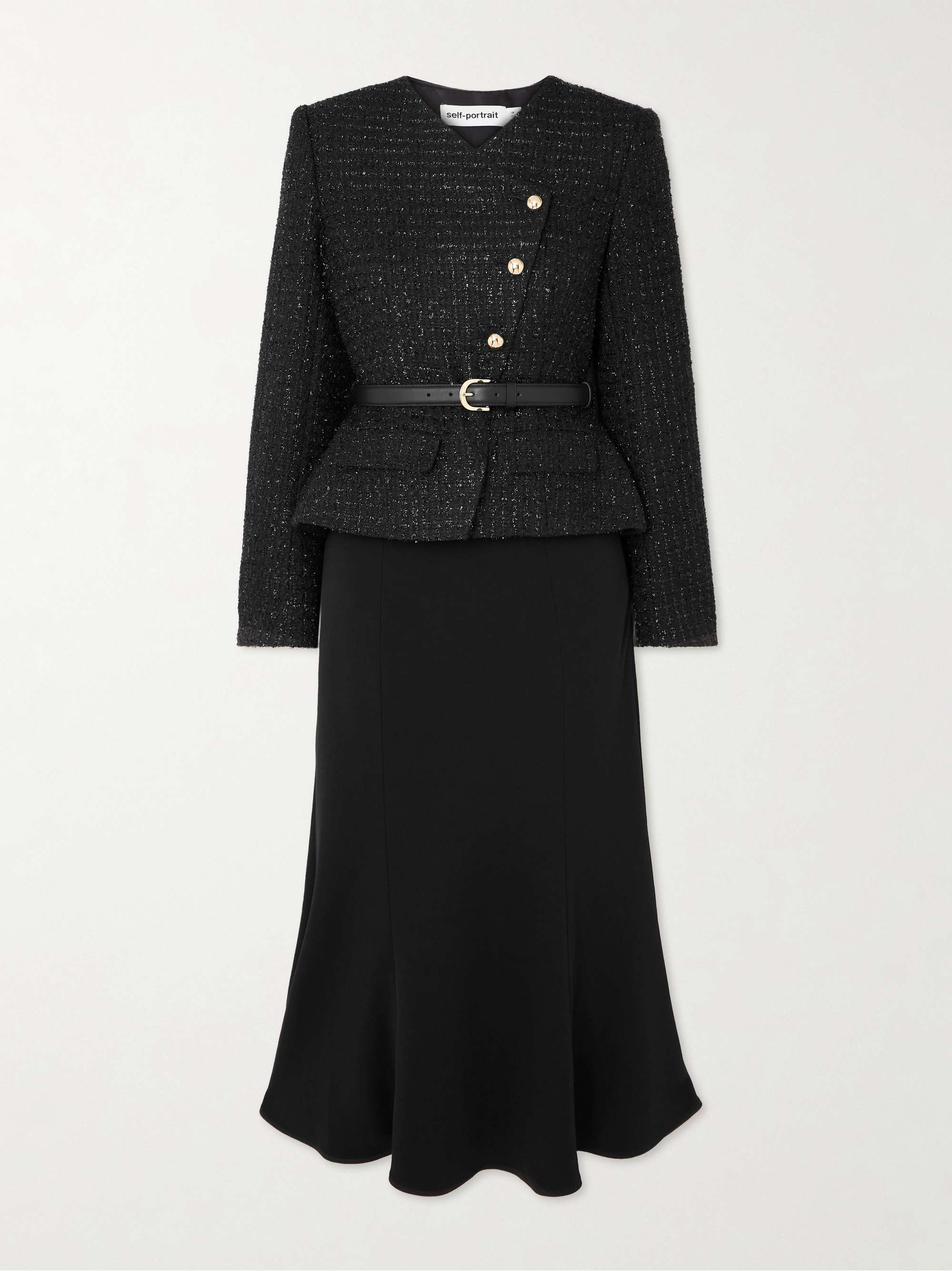 Belted layered sequined bouclé and satin midi dress view