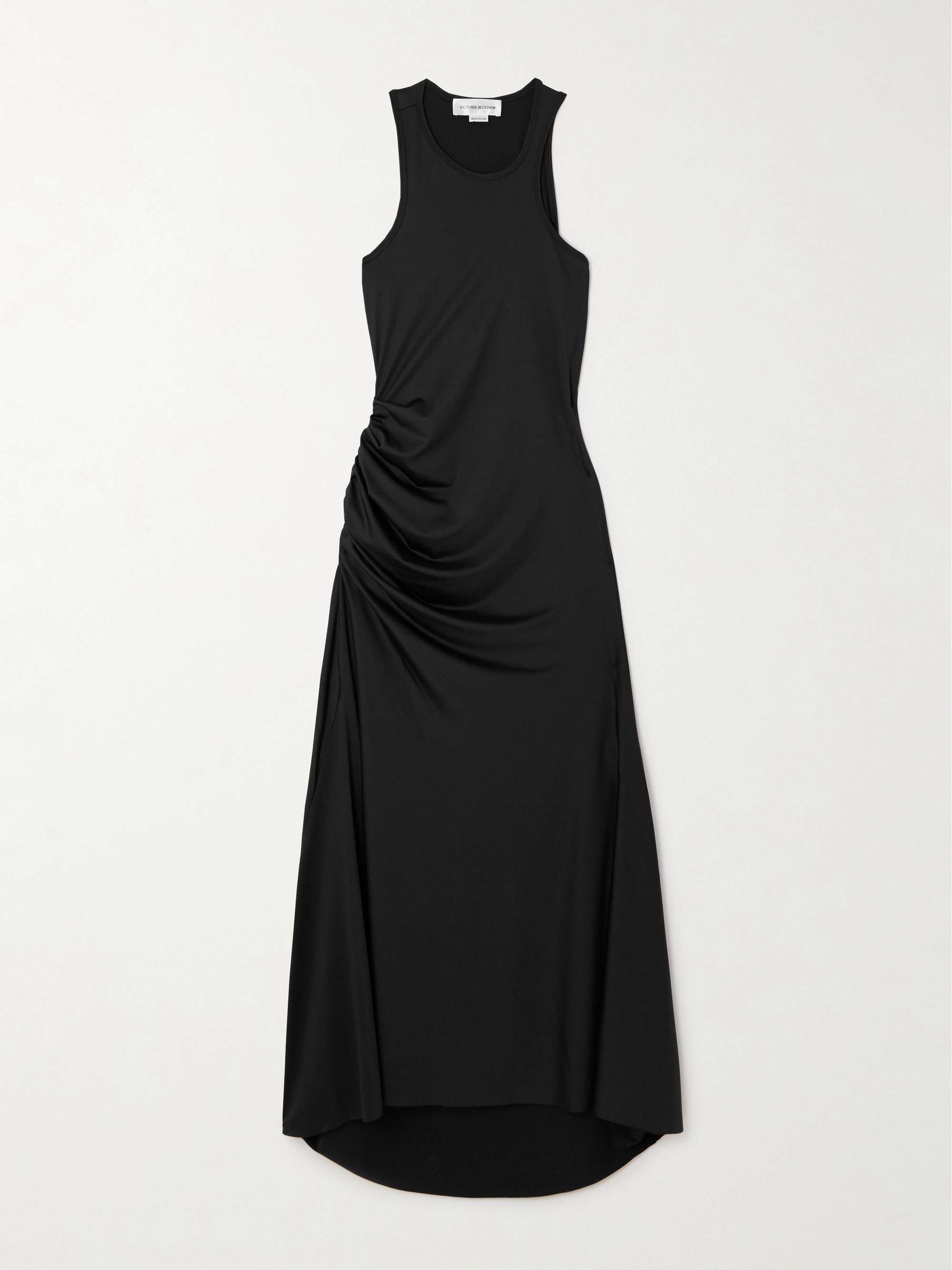 Asymmetric ruched satin-jersey midi dress view