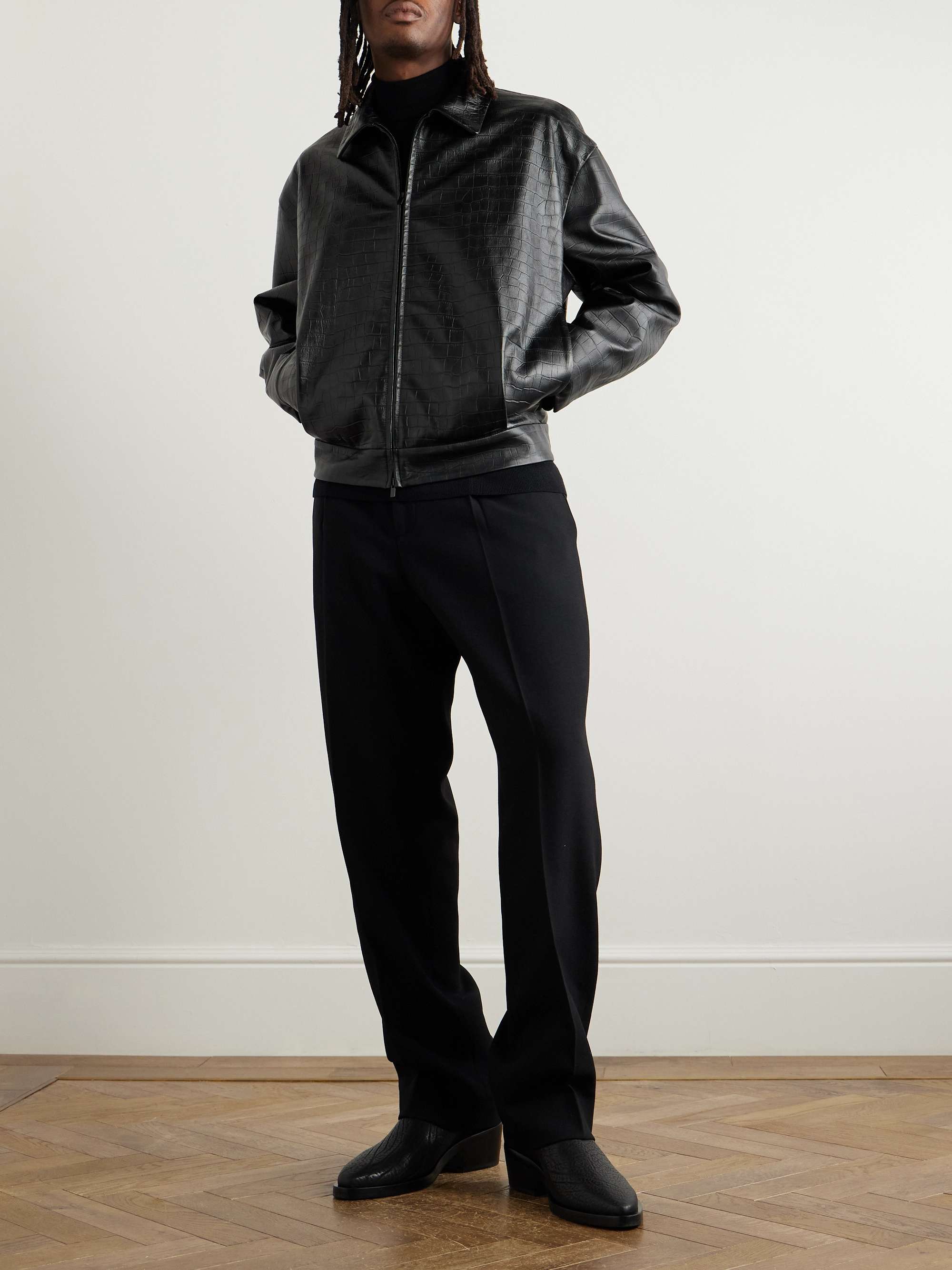 Cropped Pleated Croc-Effect Leather Jacket view