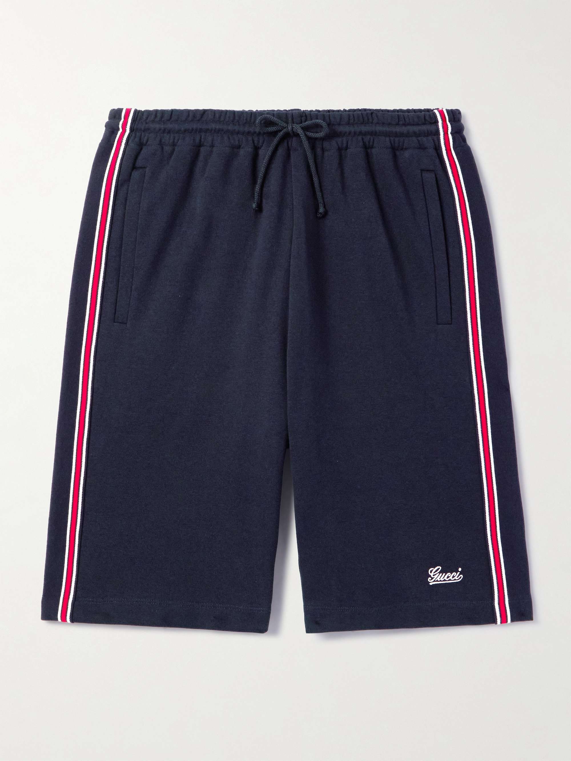 Straight-Leg Striped Logo-Embroidered Cotton Drawstring Shorts view