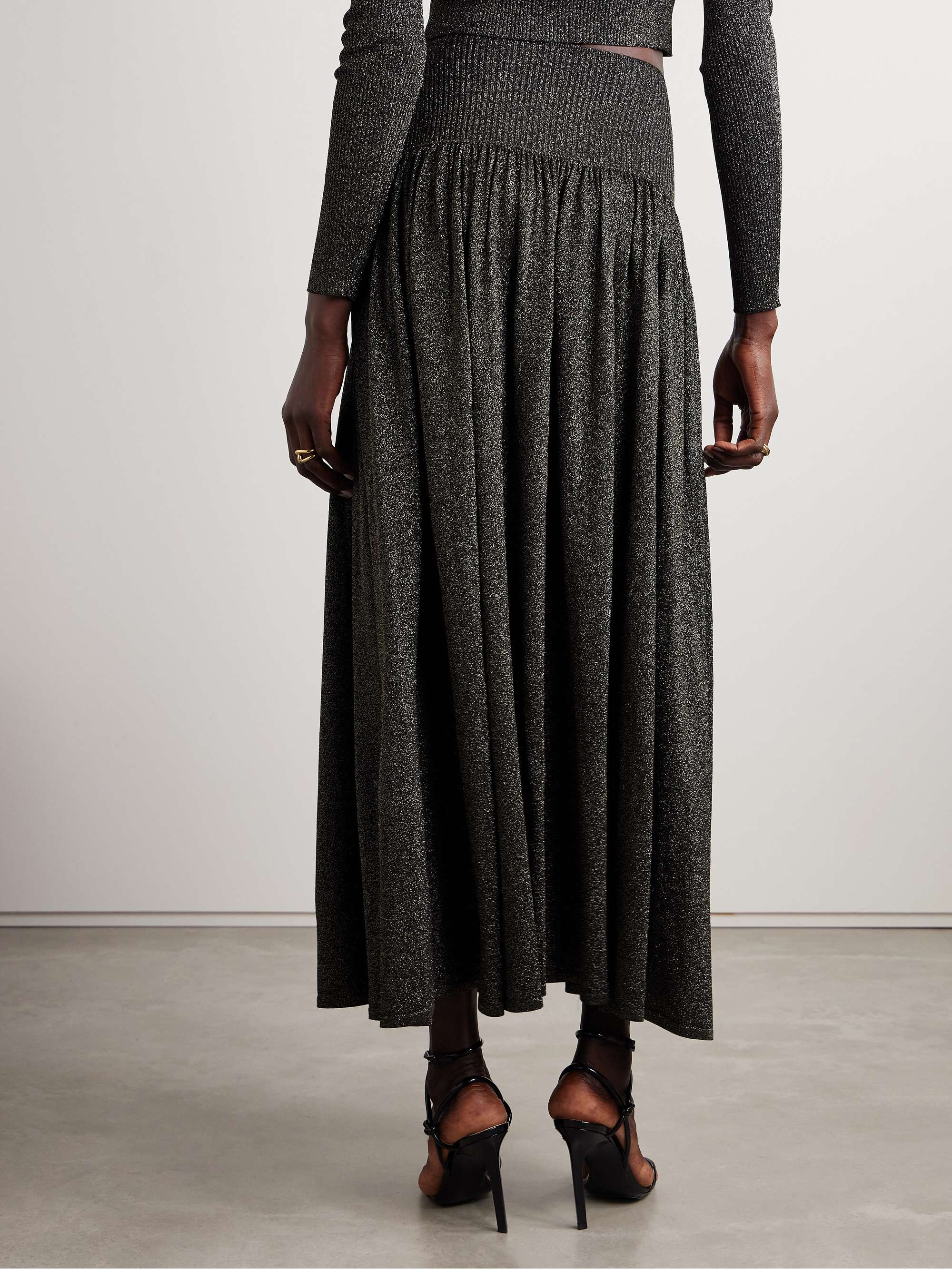 Crush gathered metallic stretch-knit midi skirt view
