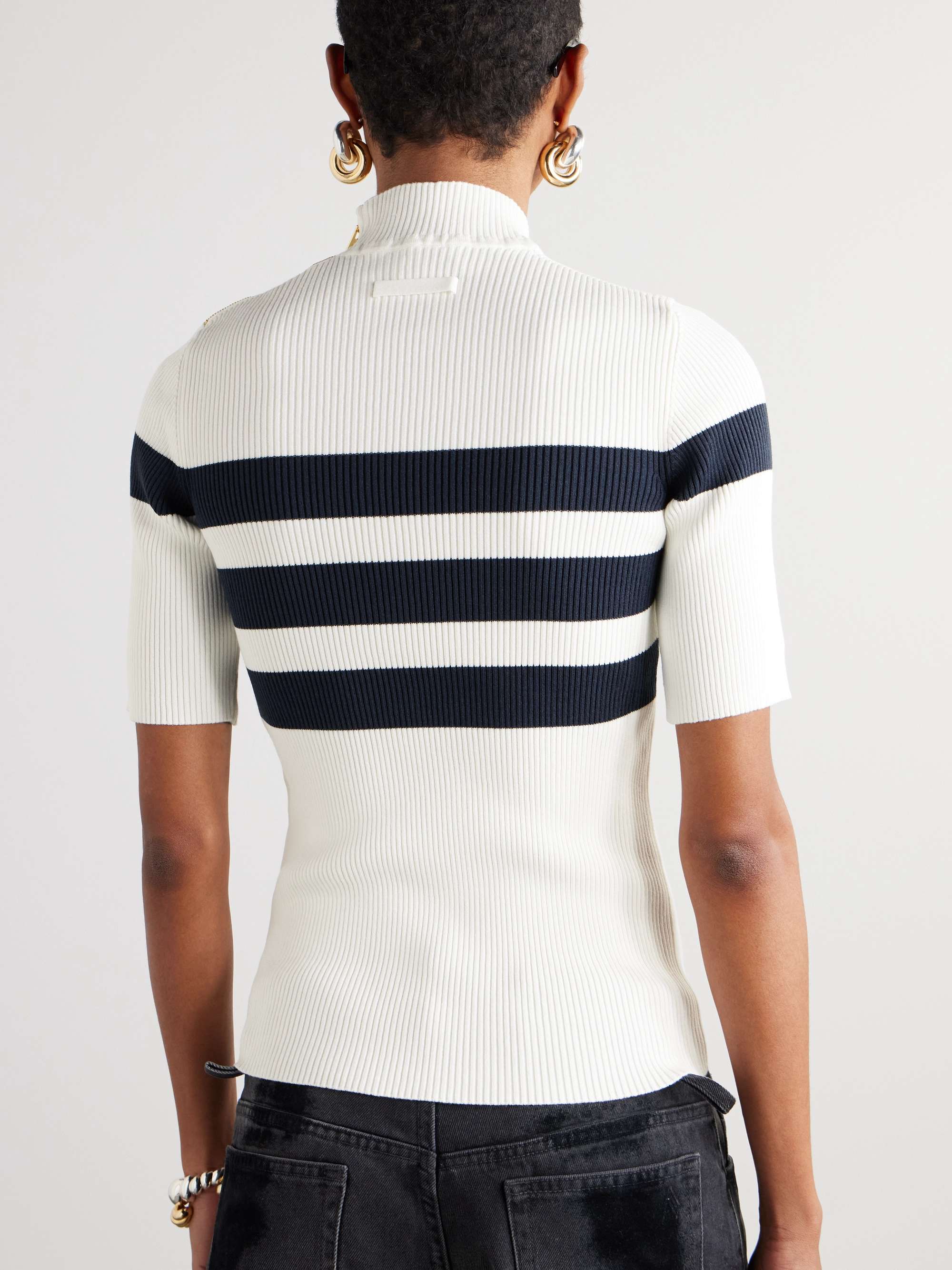 Embellished striped ribbed-knit turtleneck sweater view