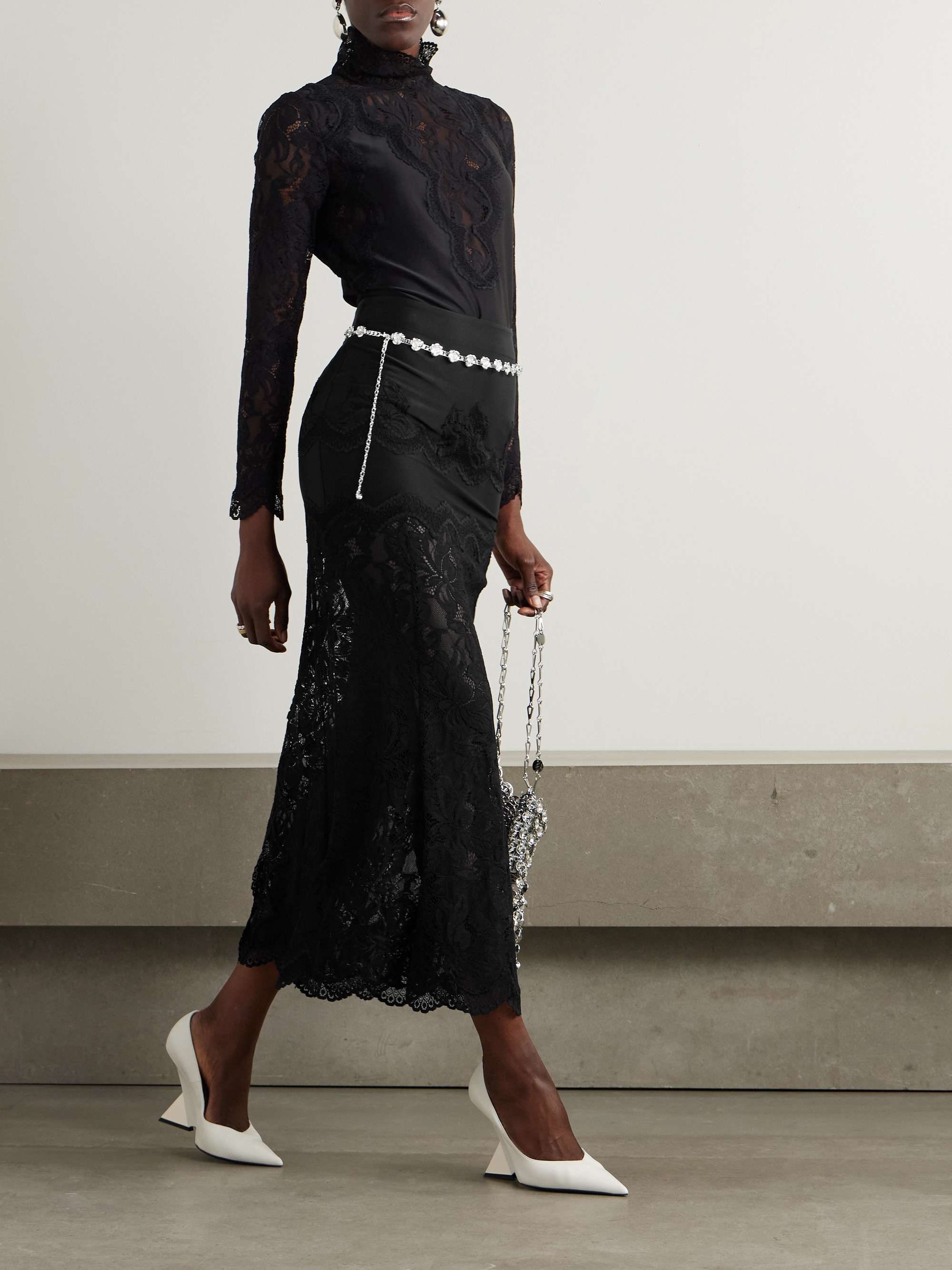 Scalloped satin and lace midi skirt view