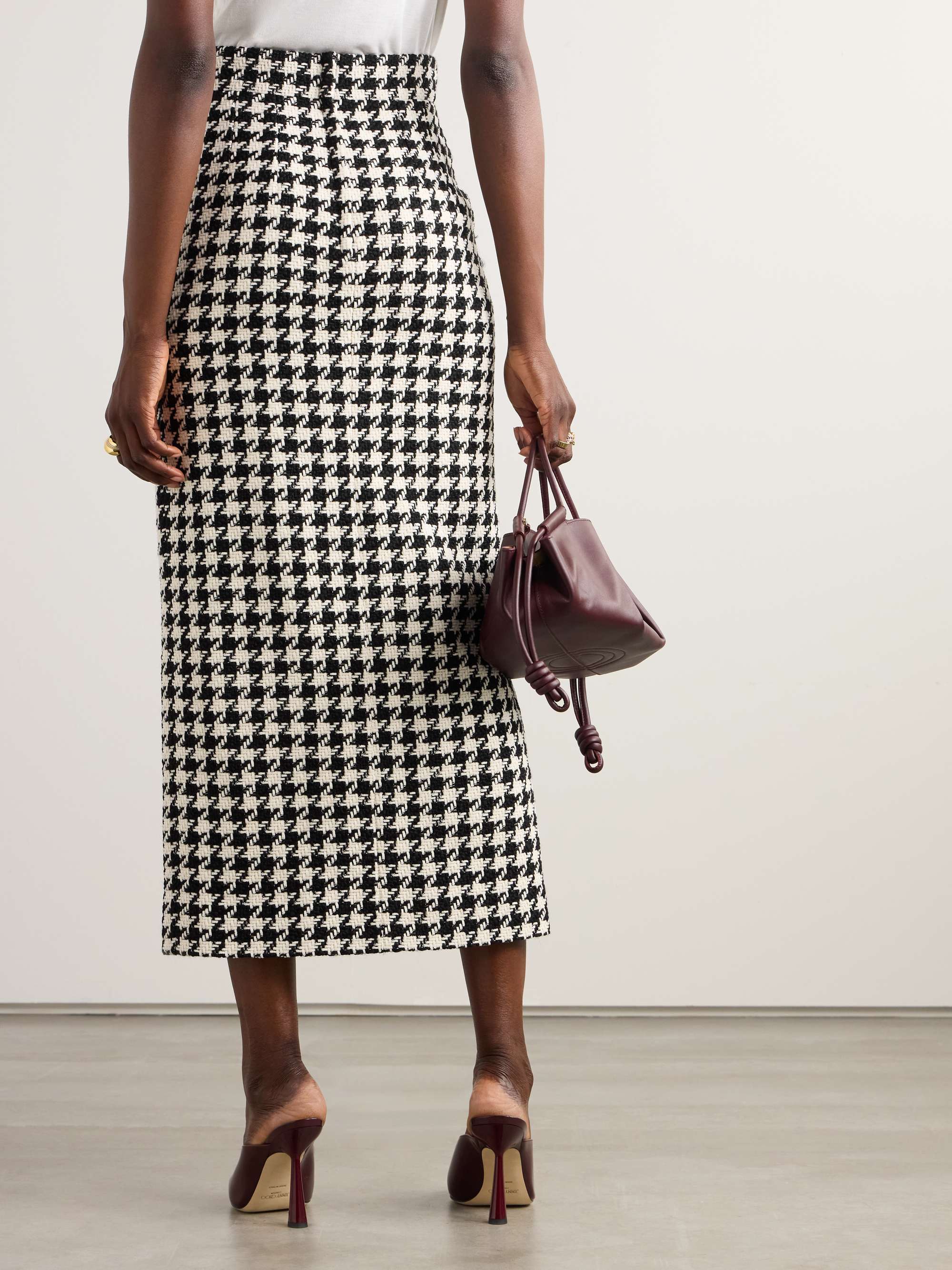 Houndstooth wool and cotton-blend tweed midi skirt view