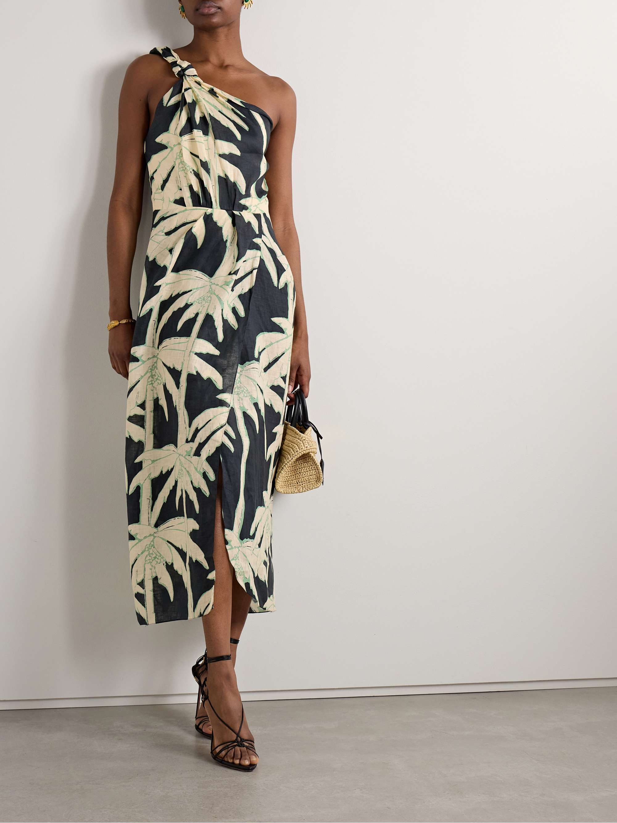 Dark Palms one-shoulder printed linen wrap-effect midi dress view